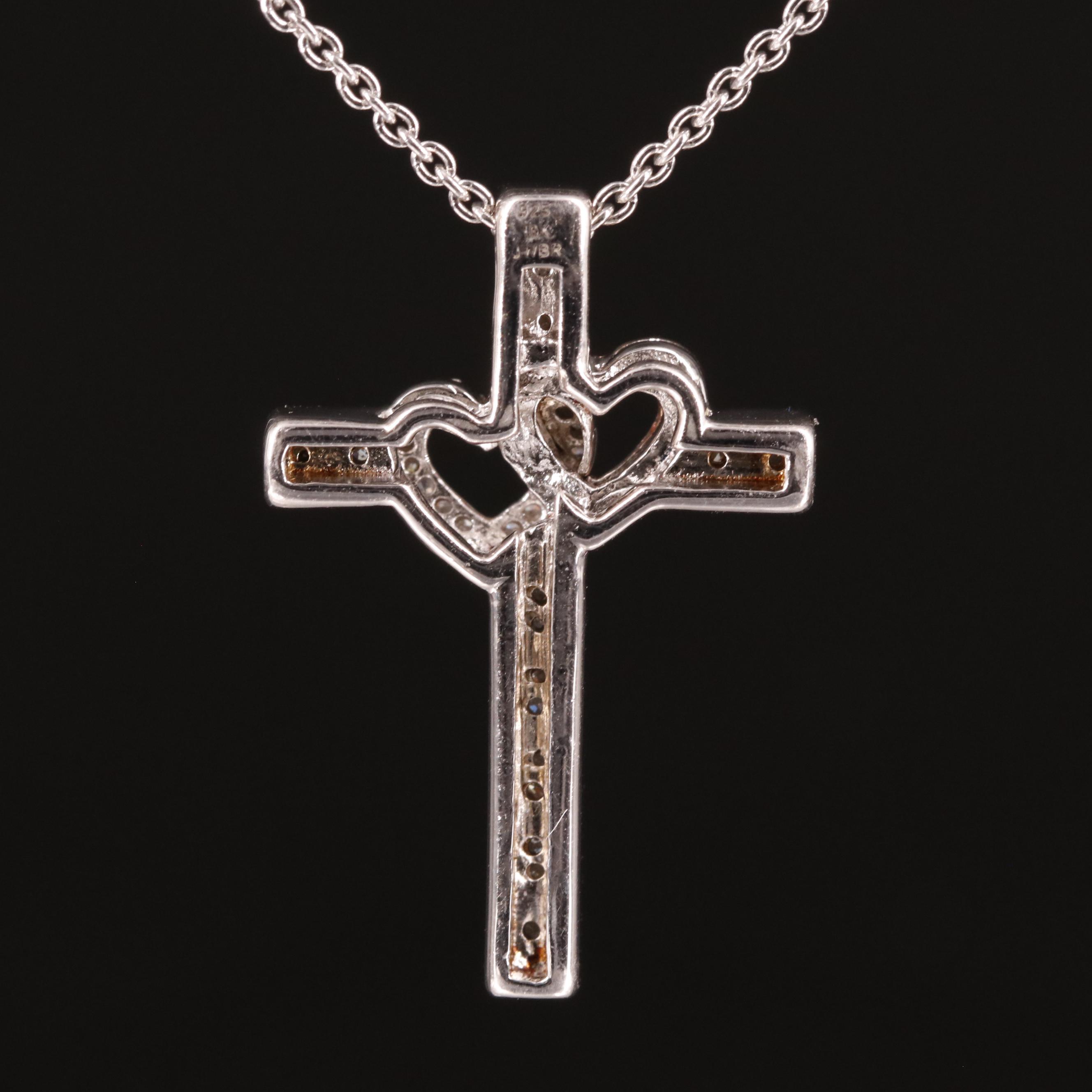 Sterling Diamond Double Heart Cross Pendant Necklace