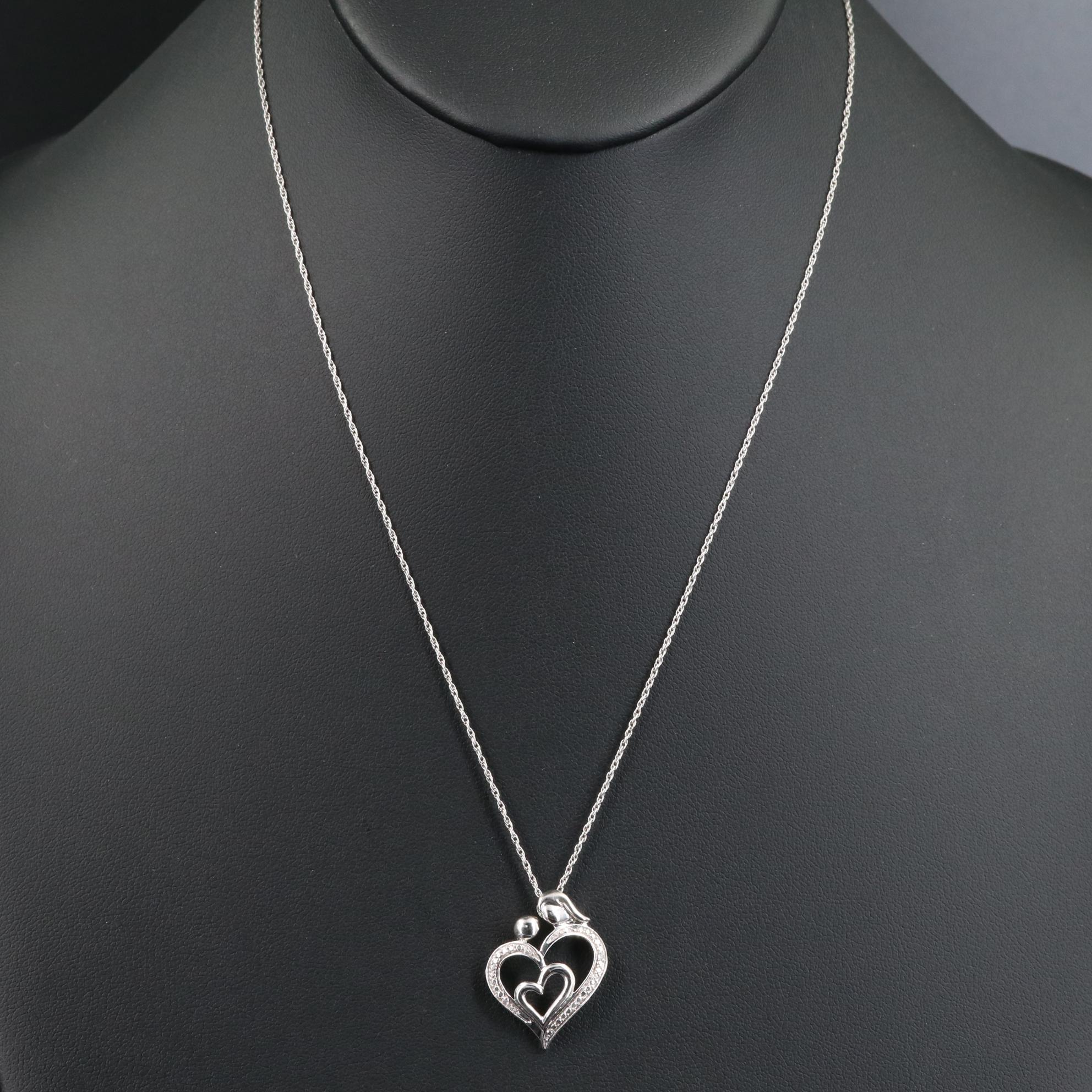 Sterling Diamond Double Heart Pendant Necklace