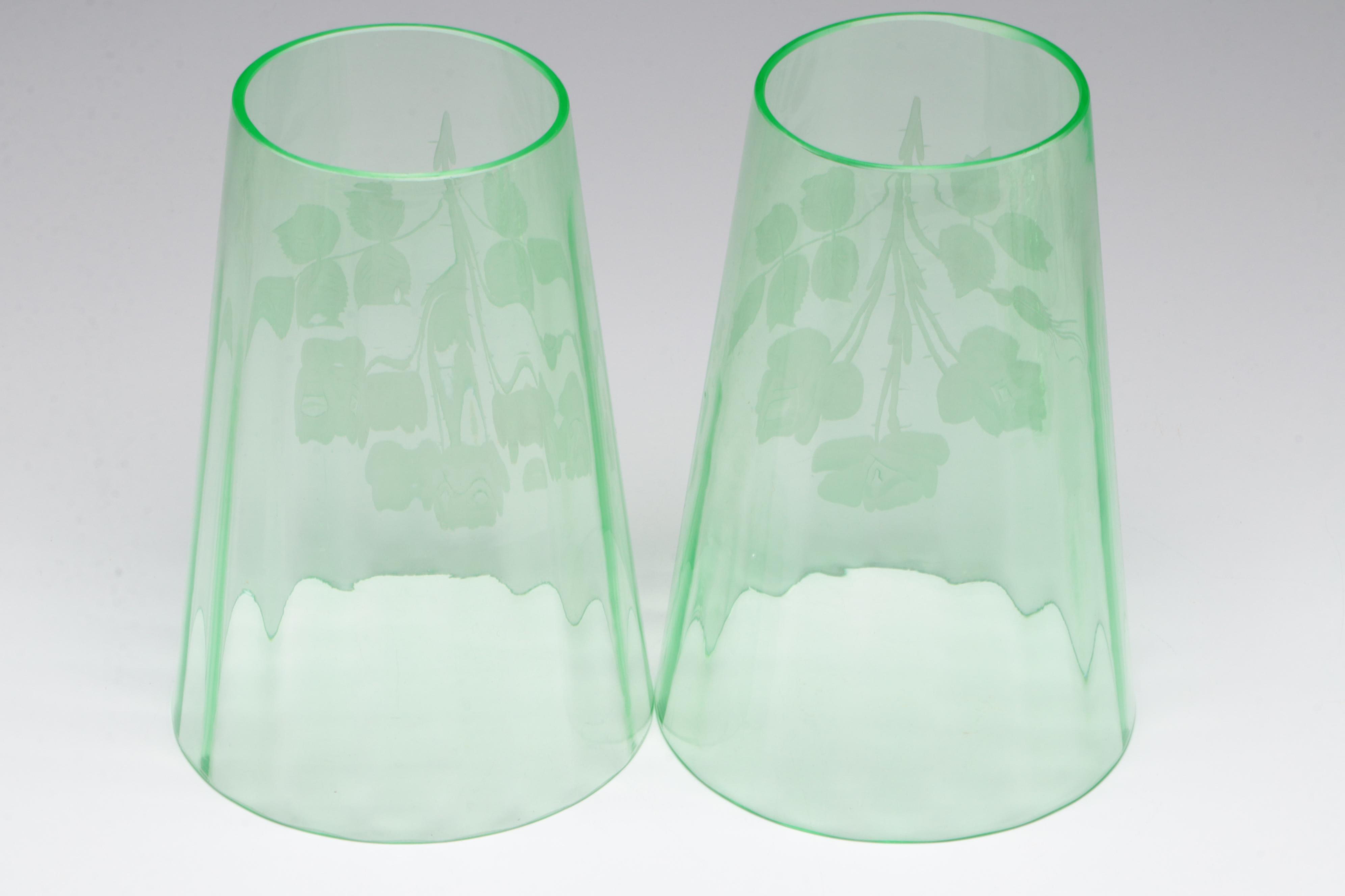 Vaseline Glass Candlesticks, HurricaneShades and Serving  Bowl, Mid-20th Century