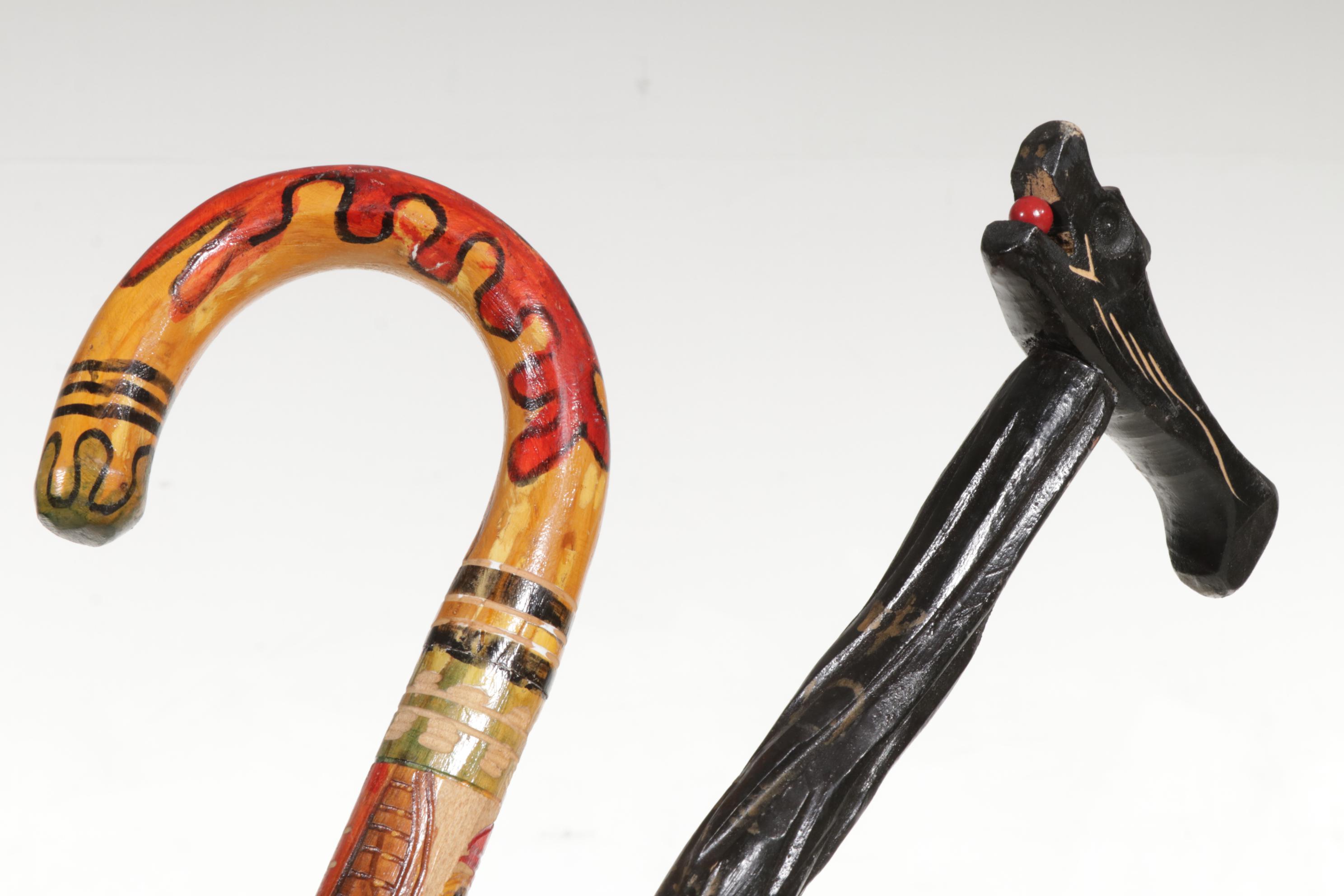 Majolica Umbrella Stand with Six Eclectic Canes, One Gold Plate Walking Stick