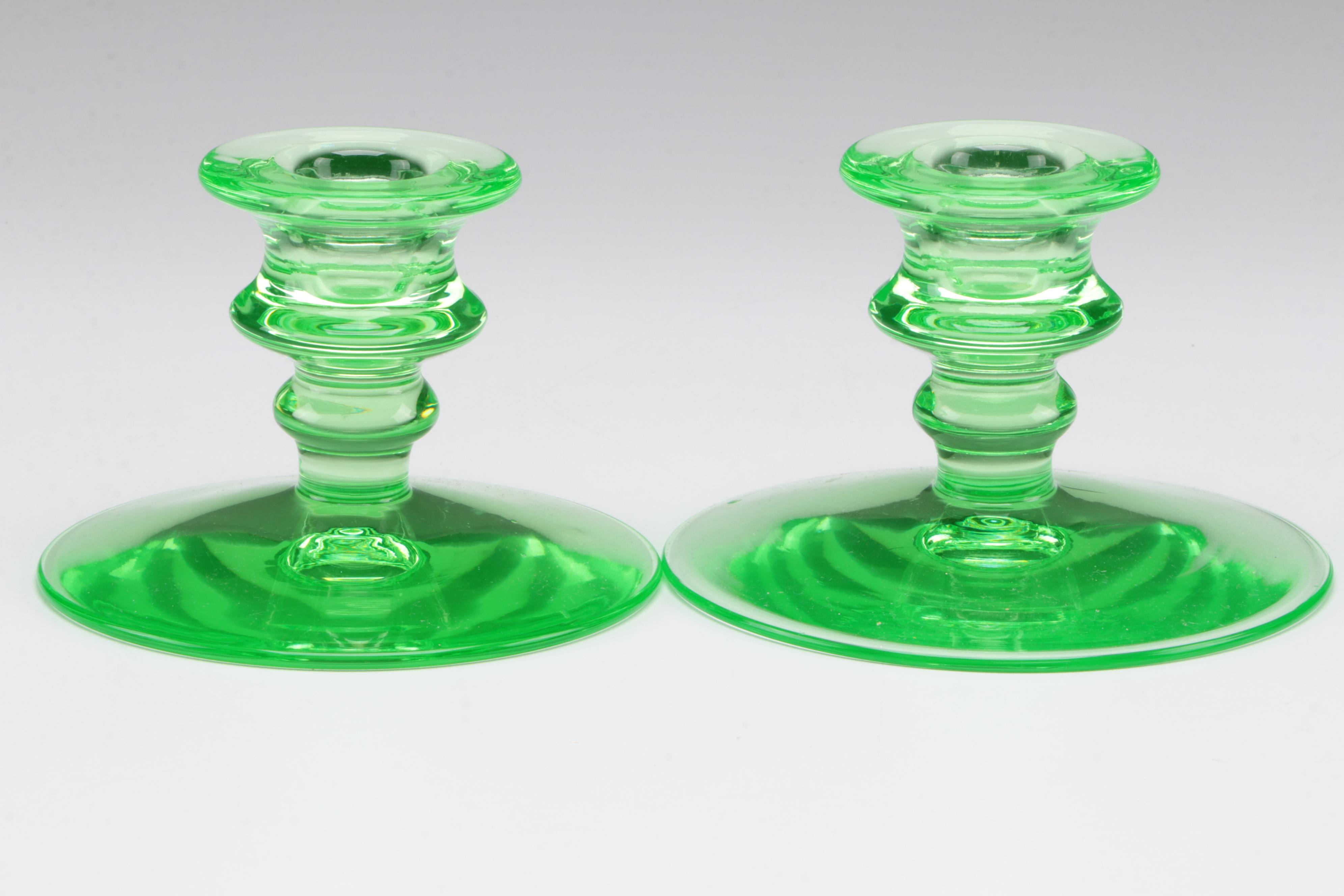 Vaseline Glass Candlesticks, HurricaneShades and Serving  Bowl, Mid-20th Century