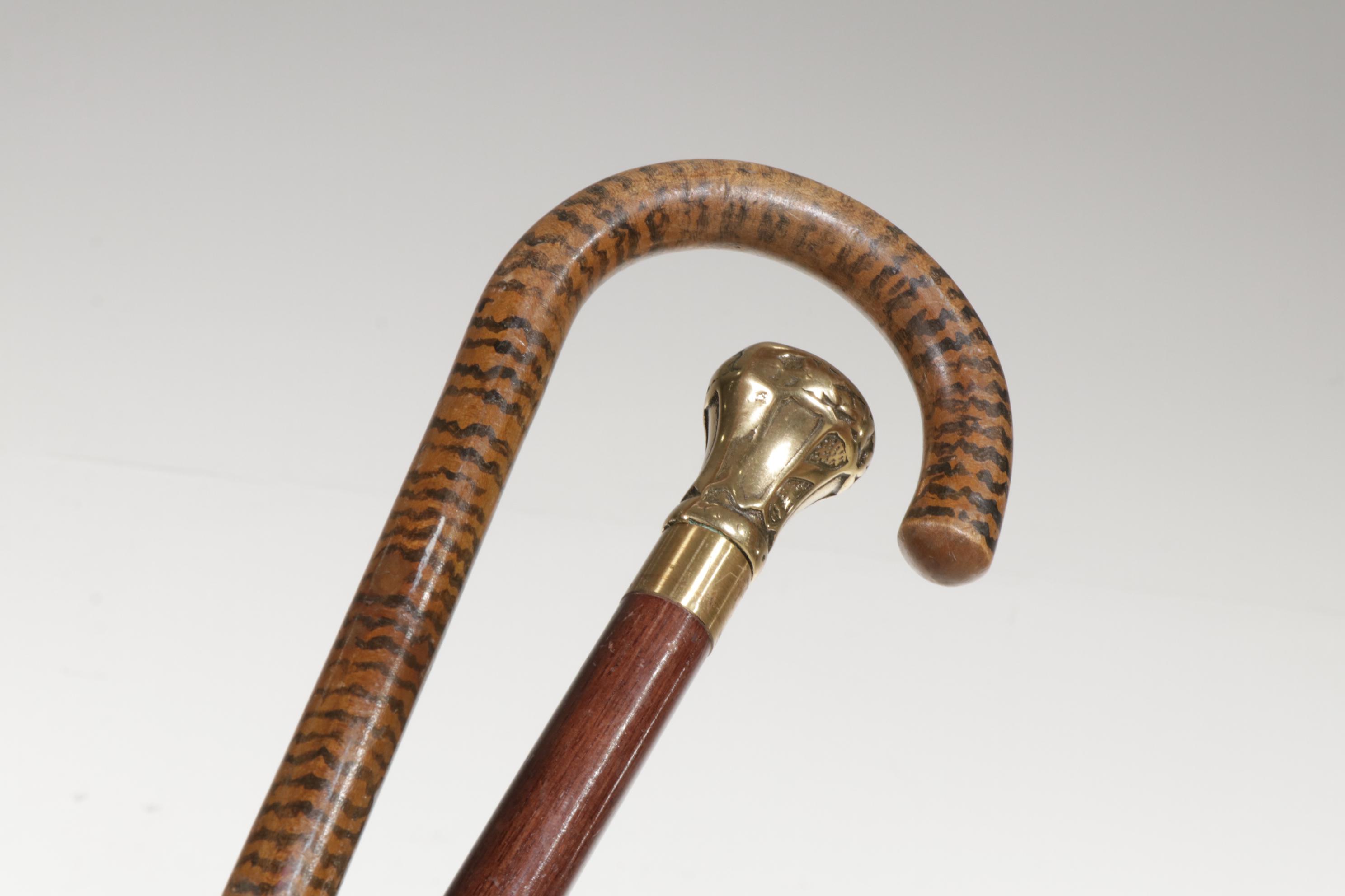 Majolica Umbrella Stand with Six Eclectic Canes, One Gold Plate Walking Stick