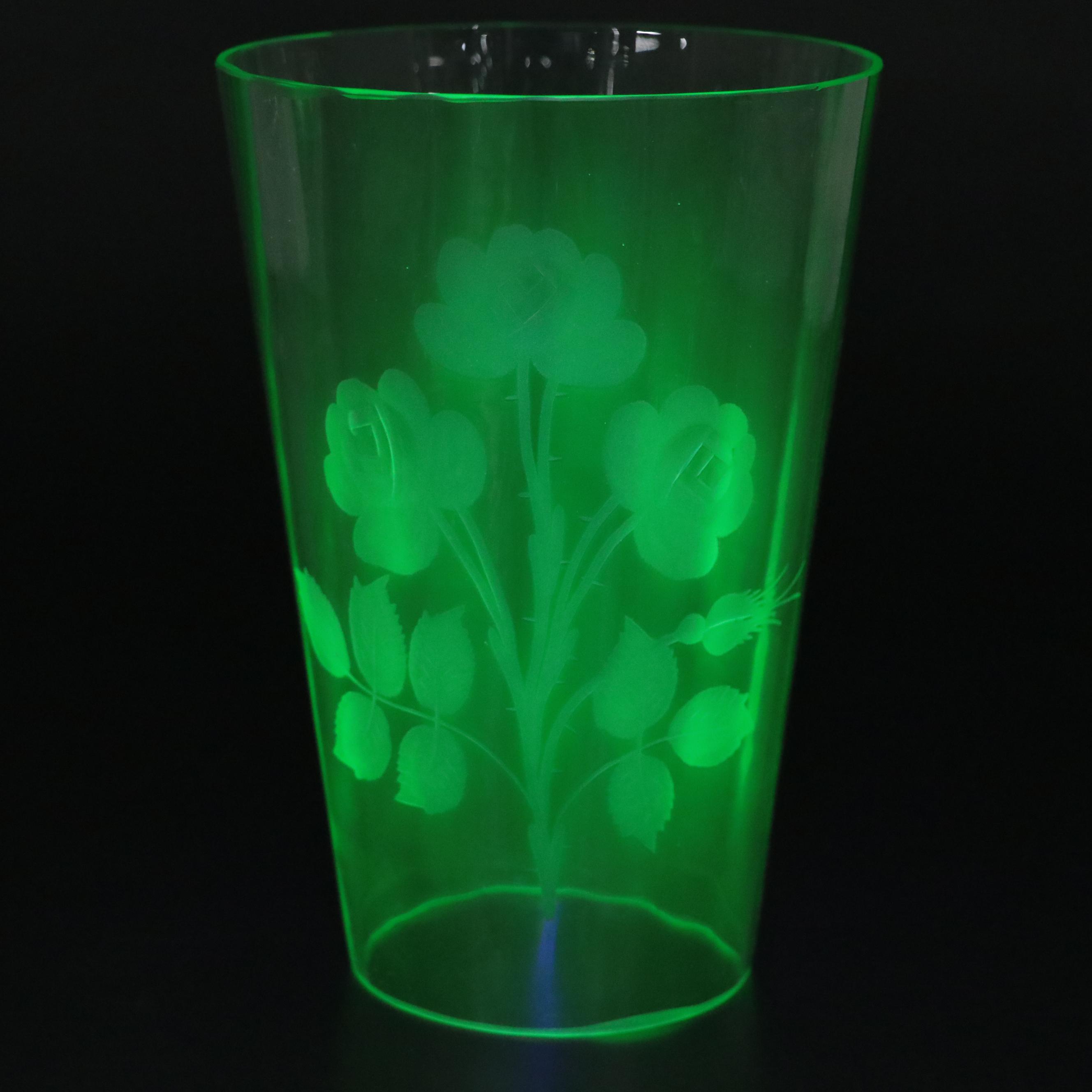 Vaseline Glass Candlesticks, HurricaneShades and Serving  Bowl, Mid-20th Century