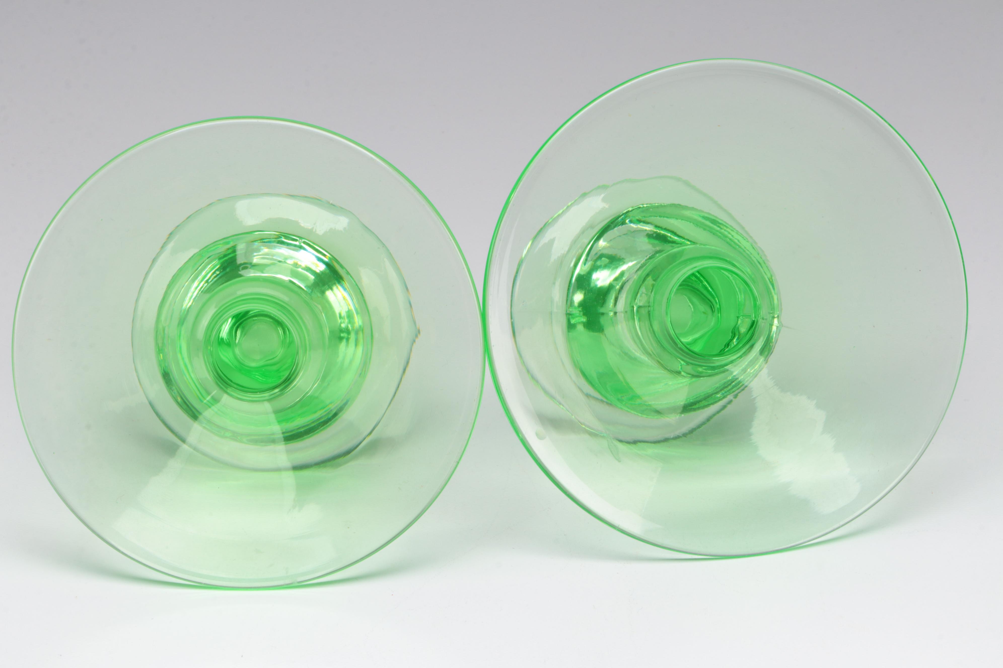 Vaseline Glass Candlesticks, HurricaneShades and Serving  Bowl, Mid-20th Century