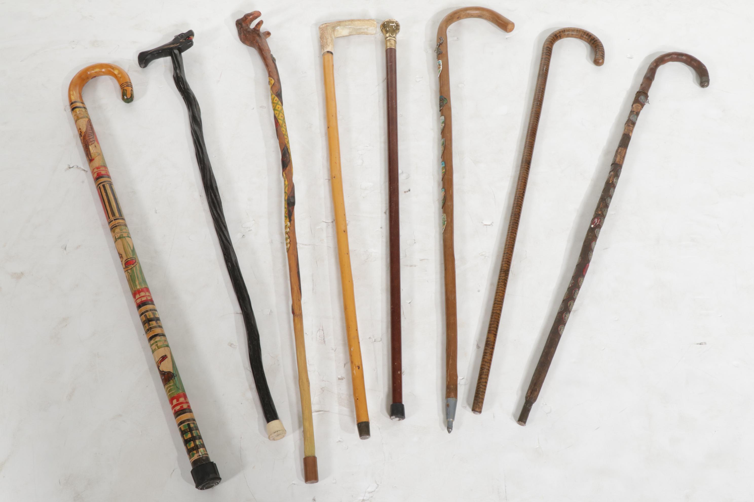 Majolica Umbrella Stand with Six Eclectic Canes, One Gold Plate Walking Stick