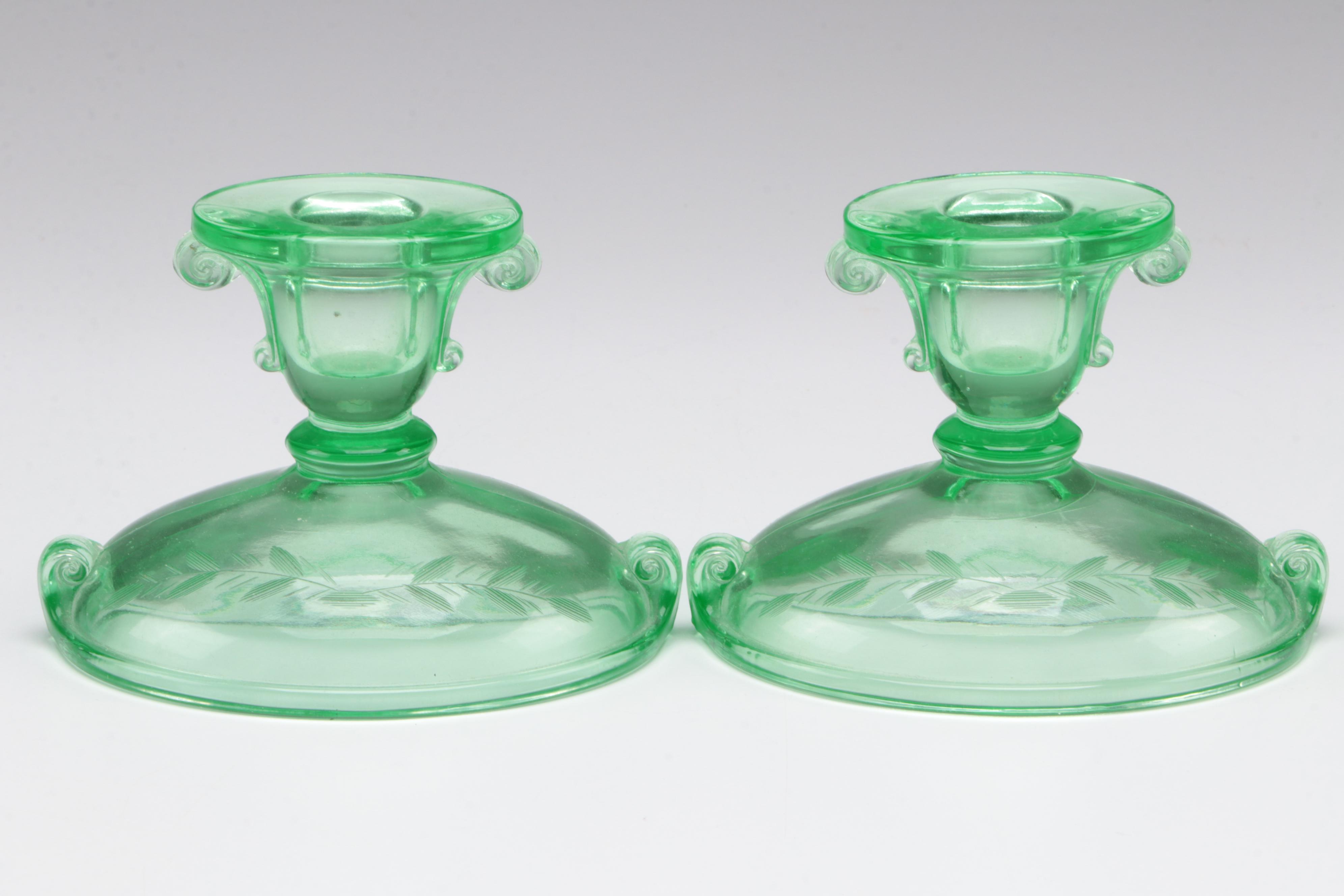 Vaseline Glass Candlesticks, HurricaneShades and Serving  Bowl, Mid-20th Century
