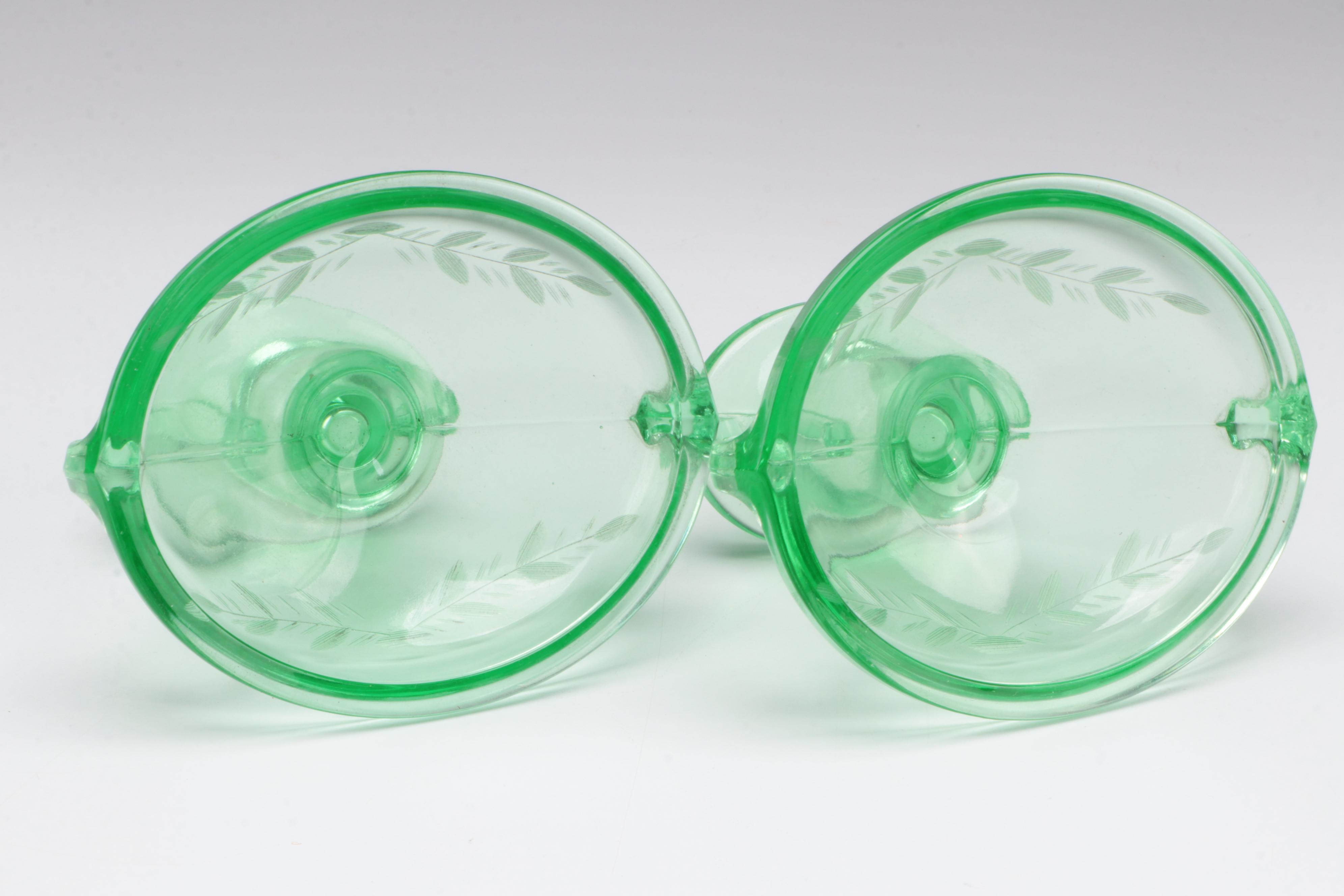 Vaseline Glass Candlesticks, HurricaneShades and Serving  Bowl, Mid-20th Century