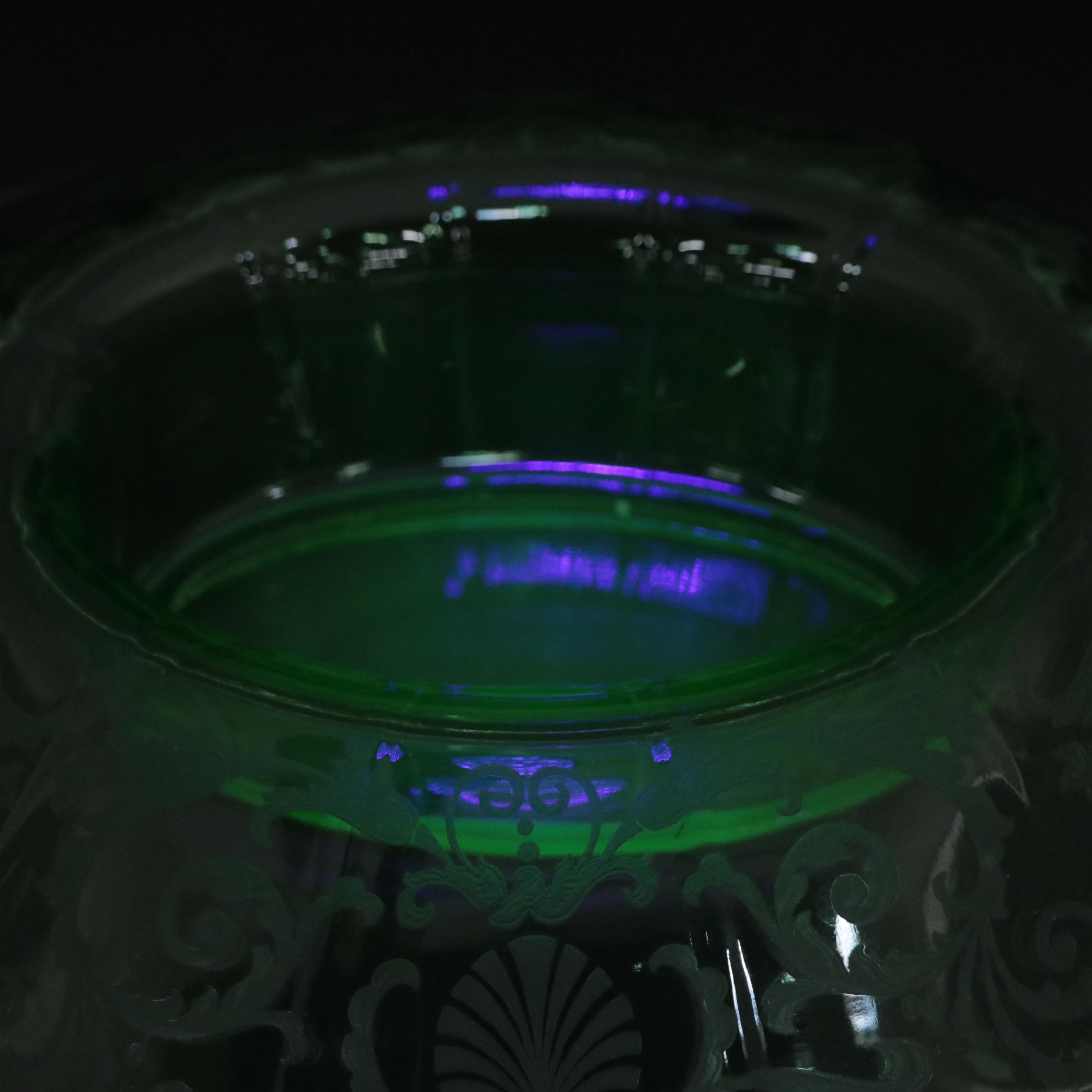 Vaseline Glass Candlesticks, HurricaneShades and Serving  Bowl, Mid-20th Century