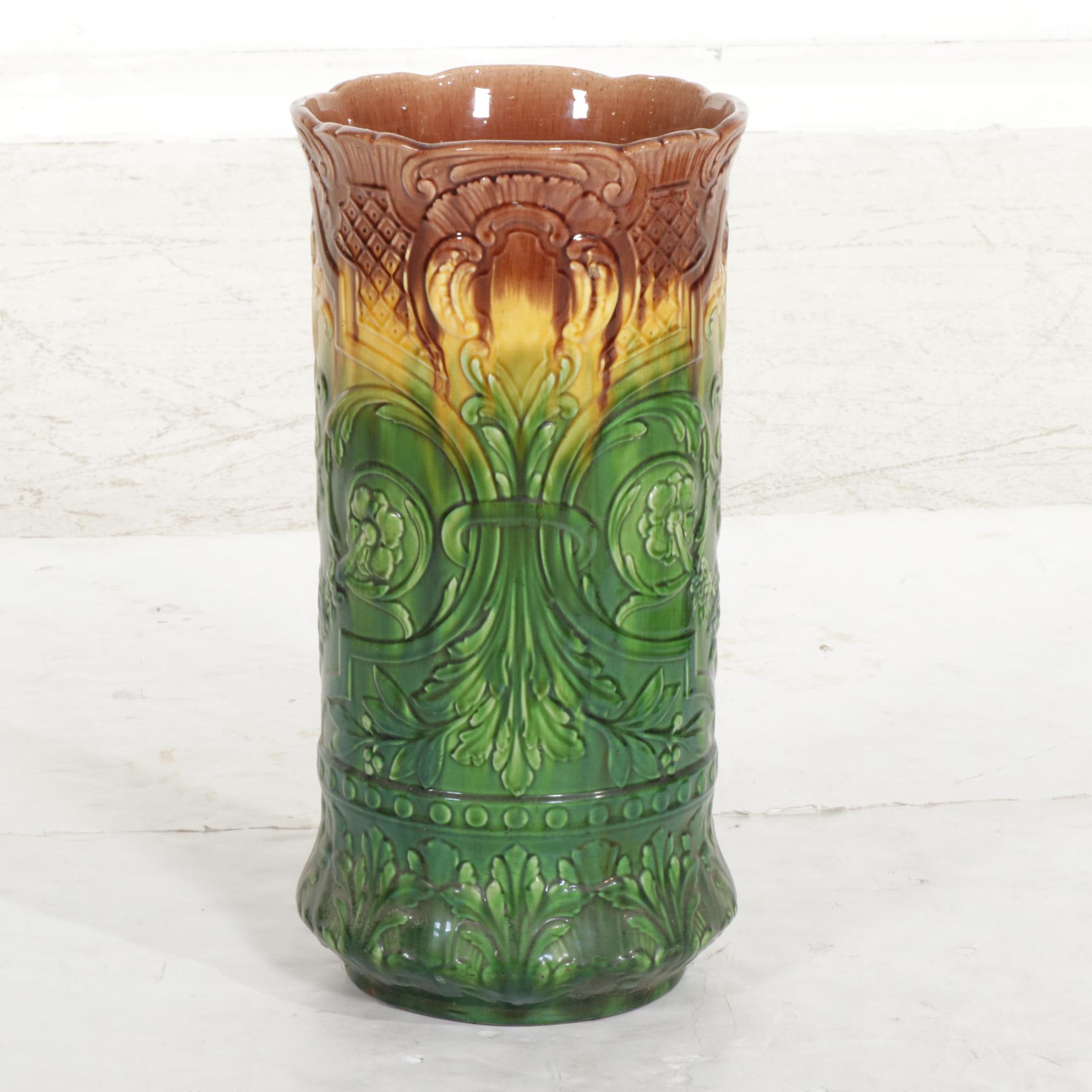 Majolica Umbrella Stand with Six Eclectic Canes, One Gold Plate Walking Stick