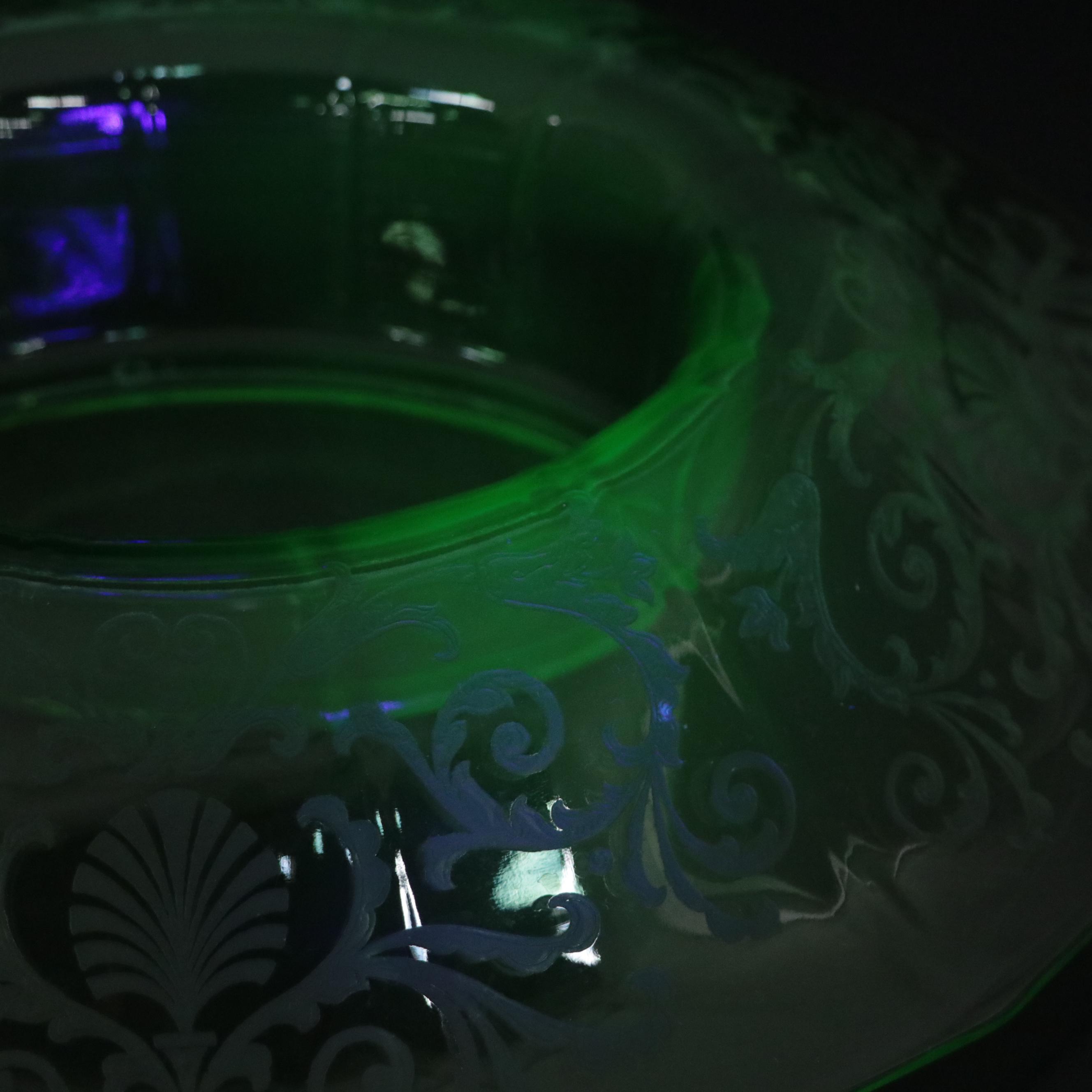 Vaseline Glass Candlesticks, HurricaneShades and Serving  Bowl, Mid-20th Century