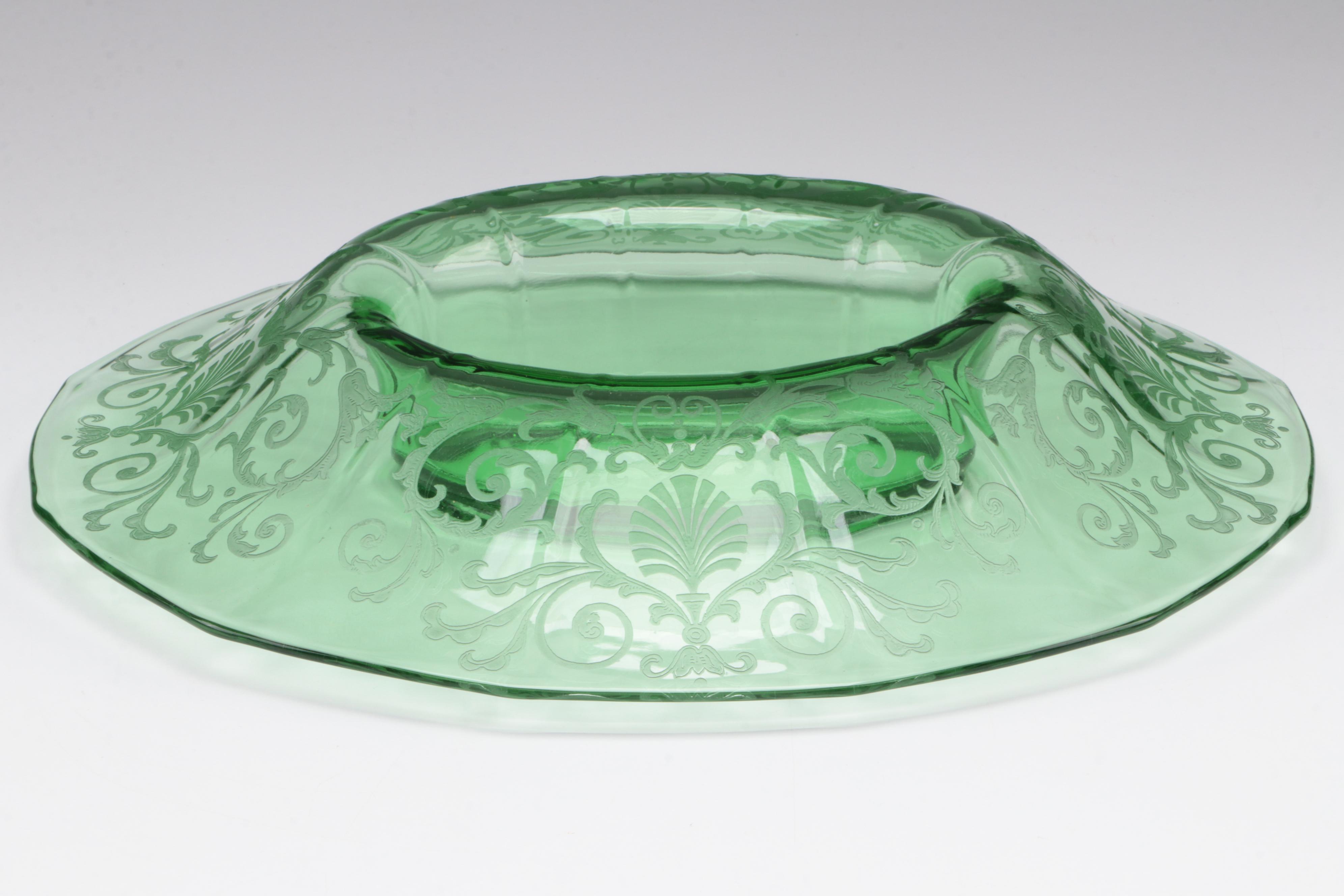 Vaseline Glass Candlesticks, HurricaneShades and Serving  Bowl, Mid-20th Century