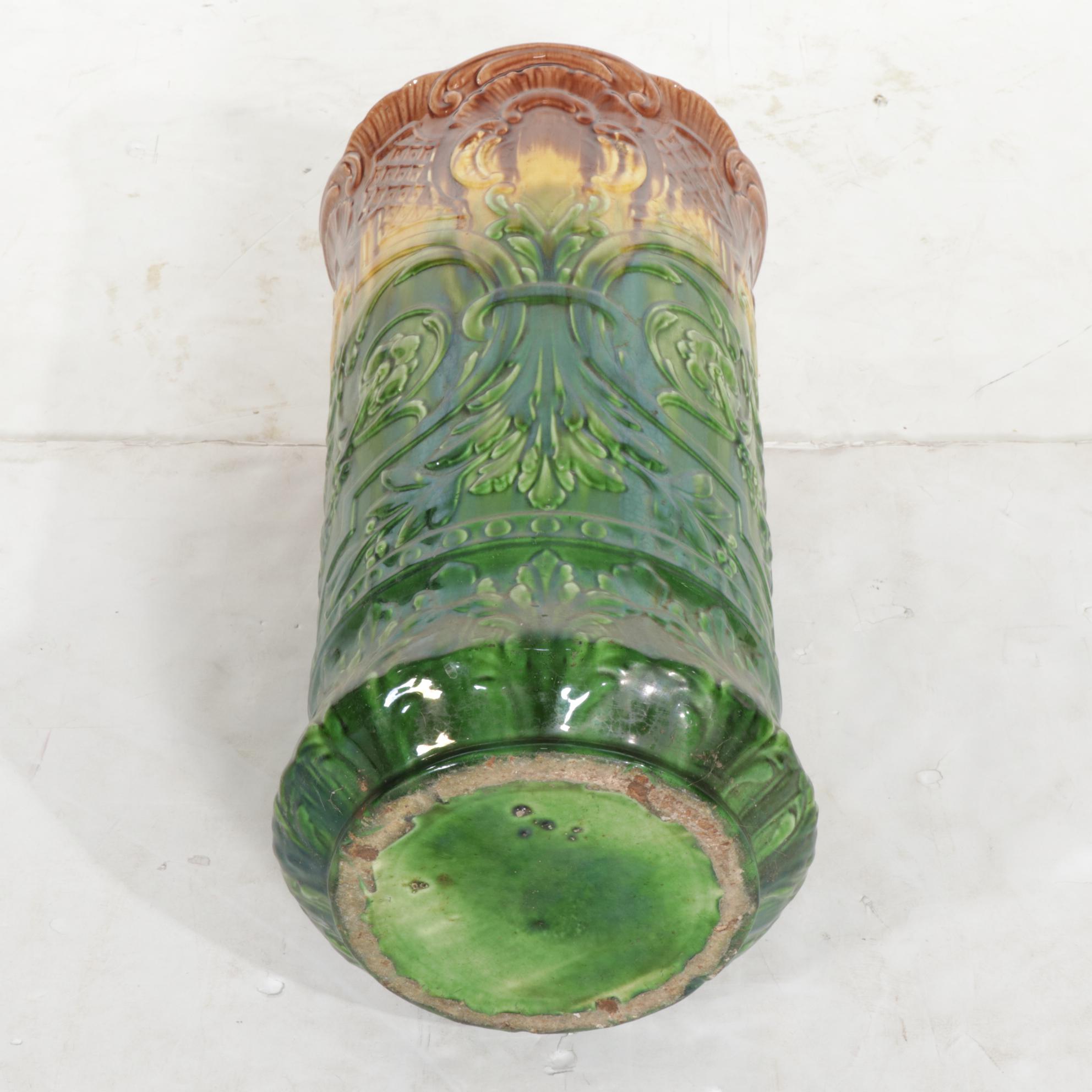 Majolica Umbrella Stand with Six Eclectic Canes, One Gold Plate Walking Stick