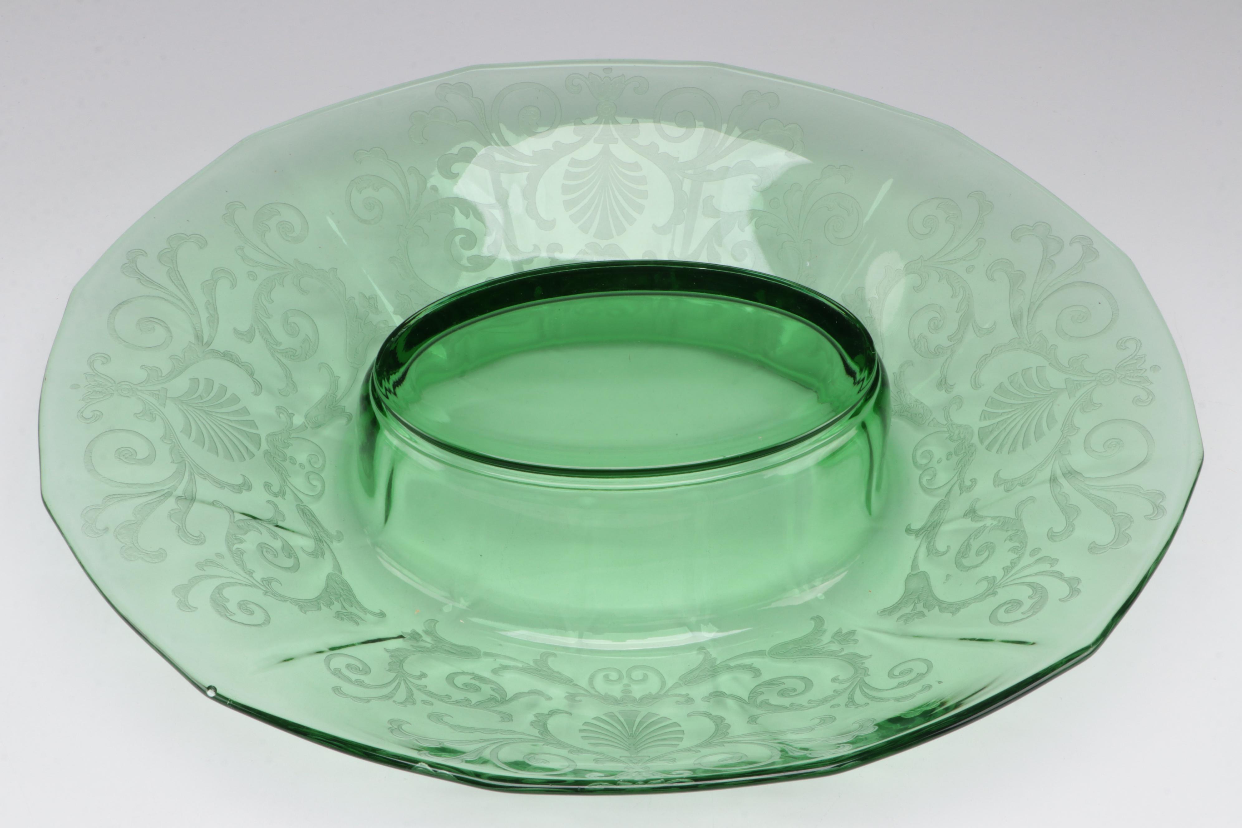 Vaseline Glass Candlesticks, HurricaneShades and Serving  Bowl, Mid-20th Century