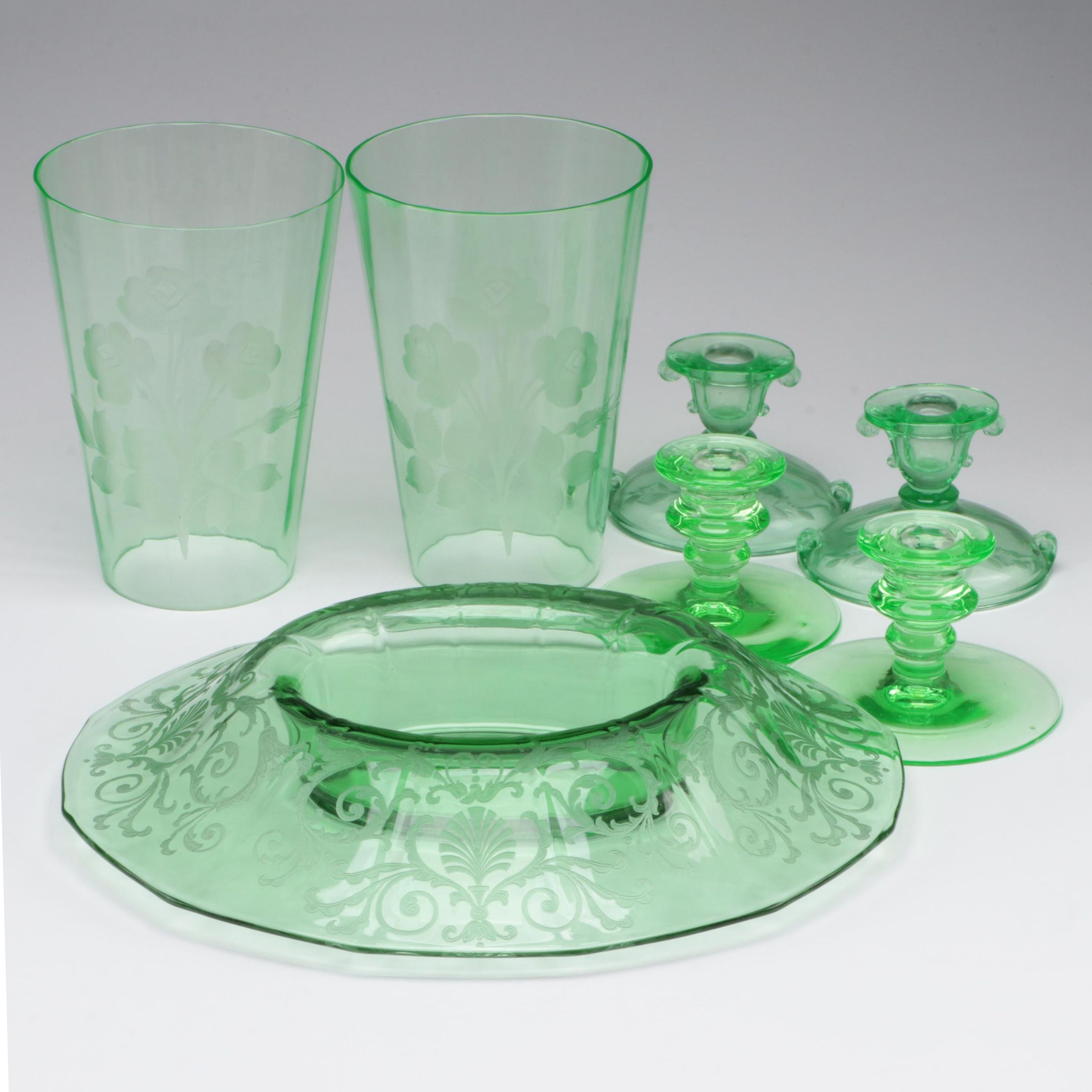 Vaseline Glass Candlesticks, HurricaneShades and Serving  Bowl, Mid-20th Century