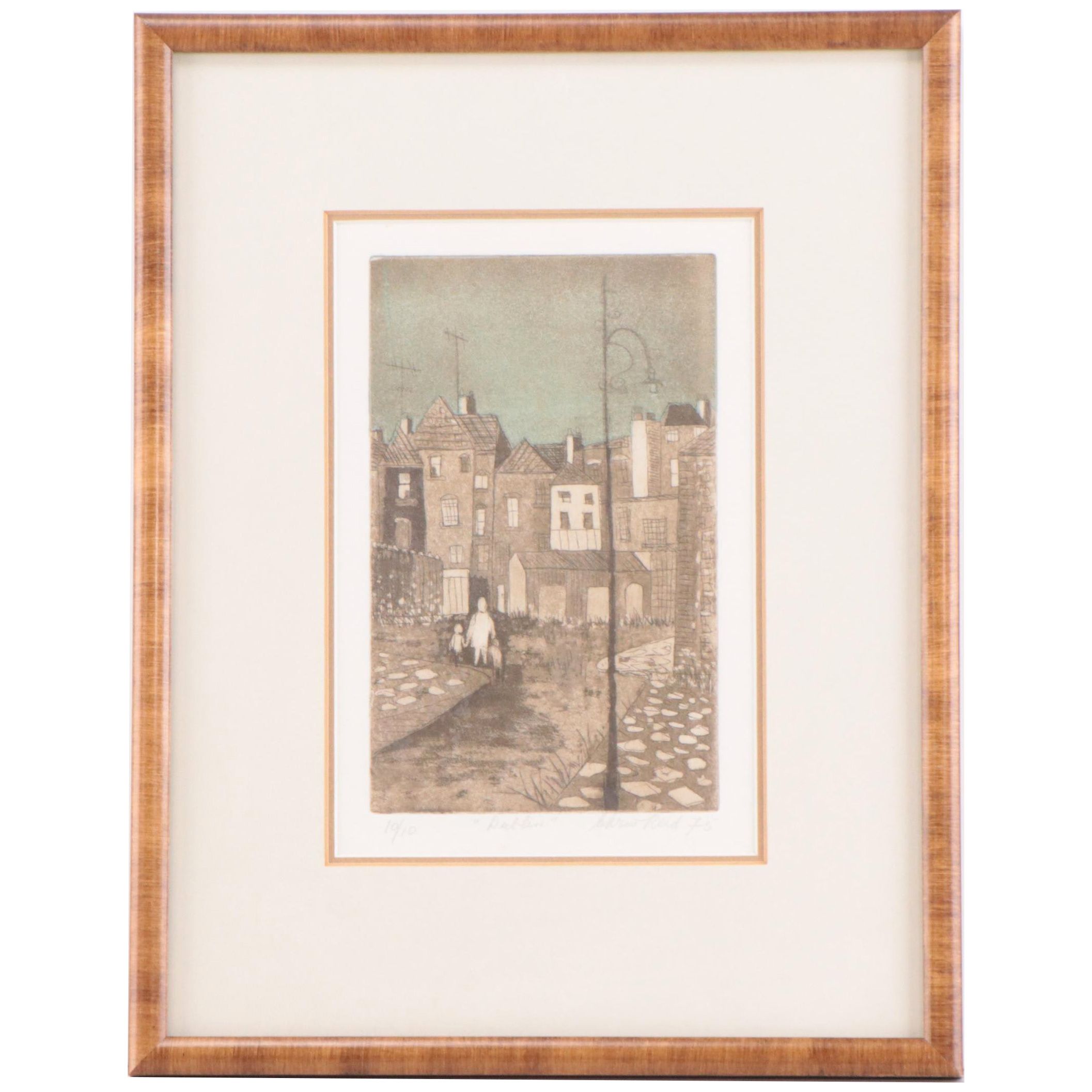 Chris Reid Etching of Figures in Cityscape "Dublin," 1975