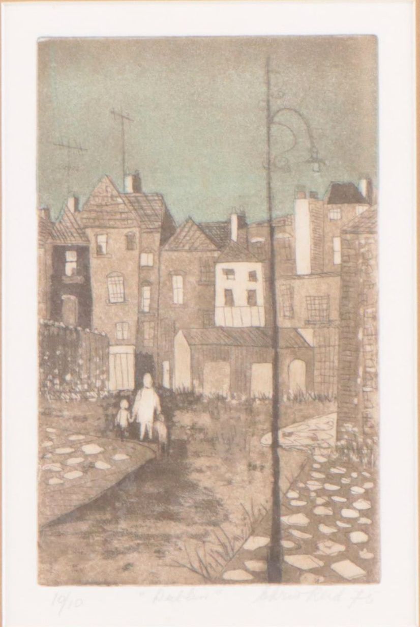 Chris Reid Etching of Figures in Cityscape "Dublin," 1975