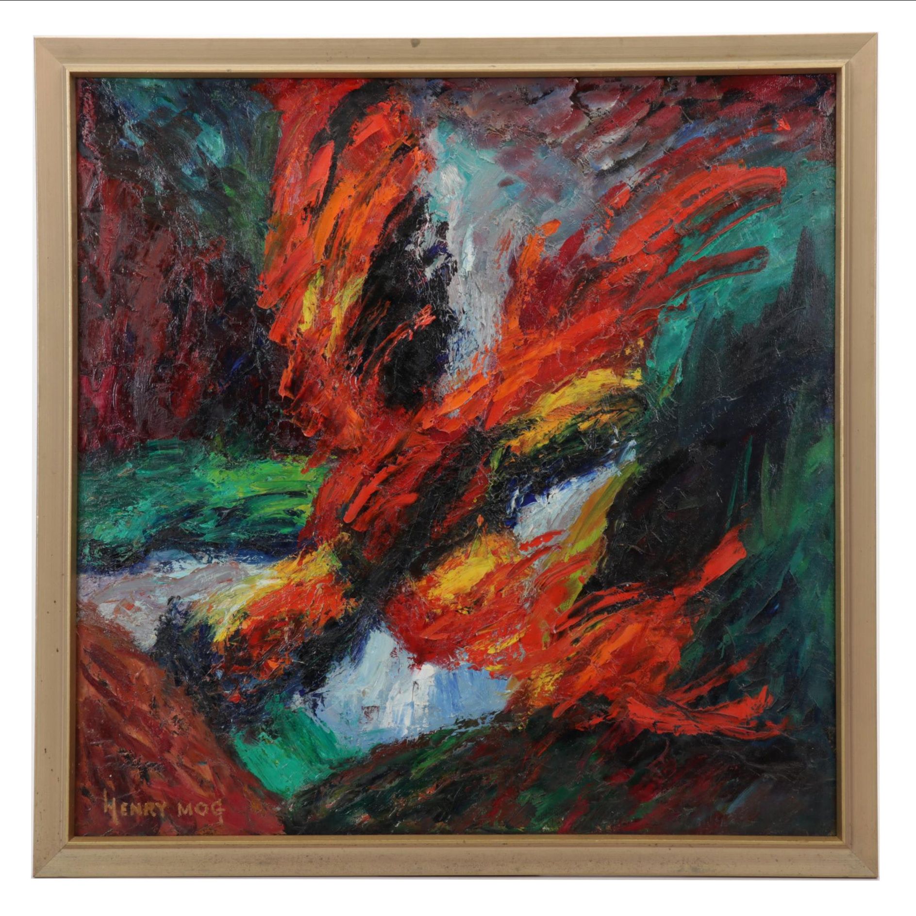 Henry Mog Folk Art Oil Painting of Orange Bird, Circa 1965