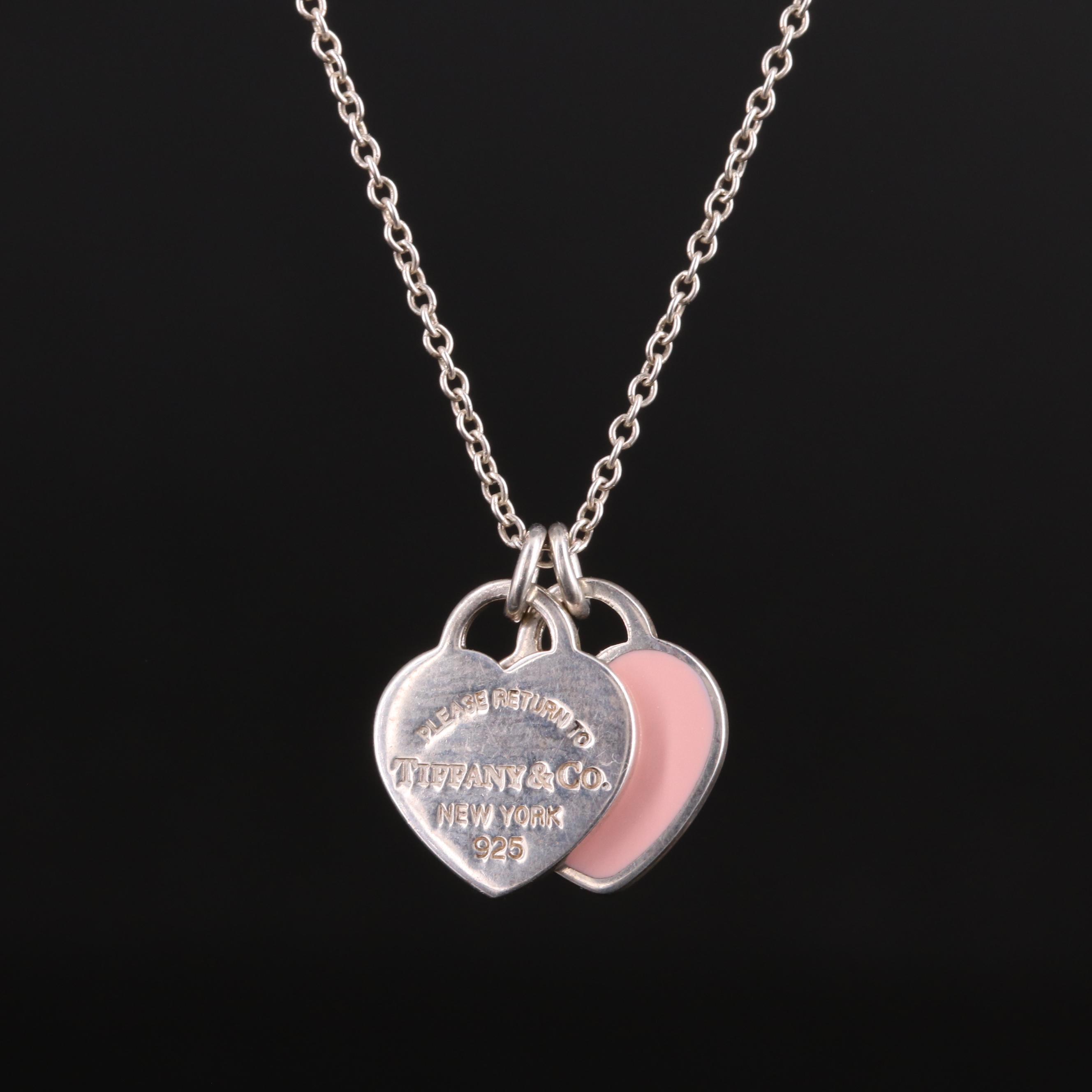 Tiffany & Co. "Return to Tiffany" Sterling Pink Enamel Double Heart Tag Necklace