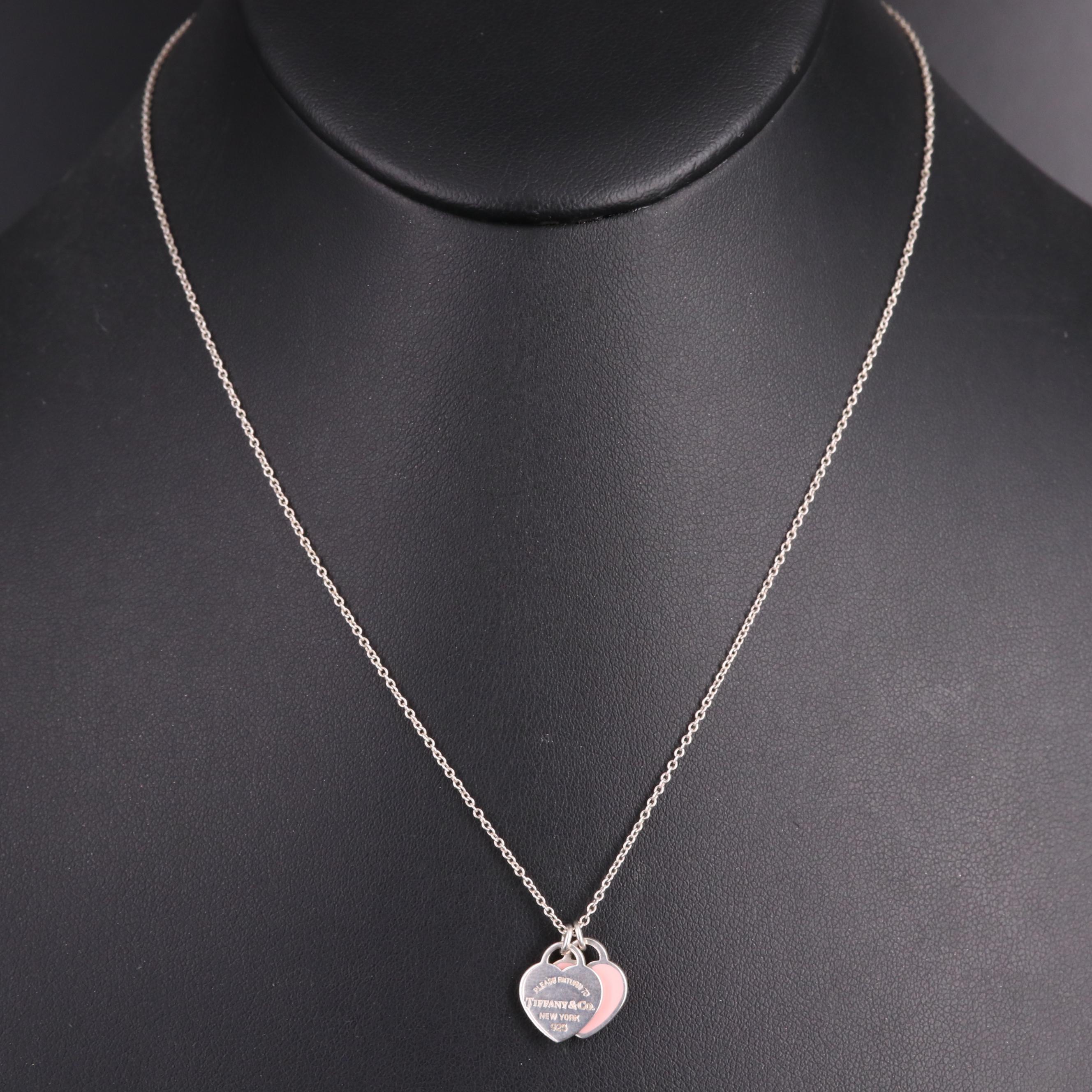 Tiffany & Co. "Return to Tiffany" Sterling Pink Enamel Double Heart Tag Necklace