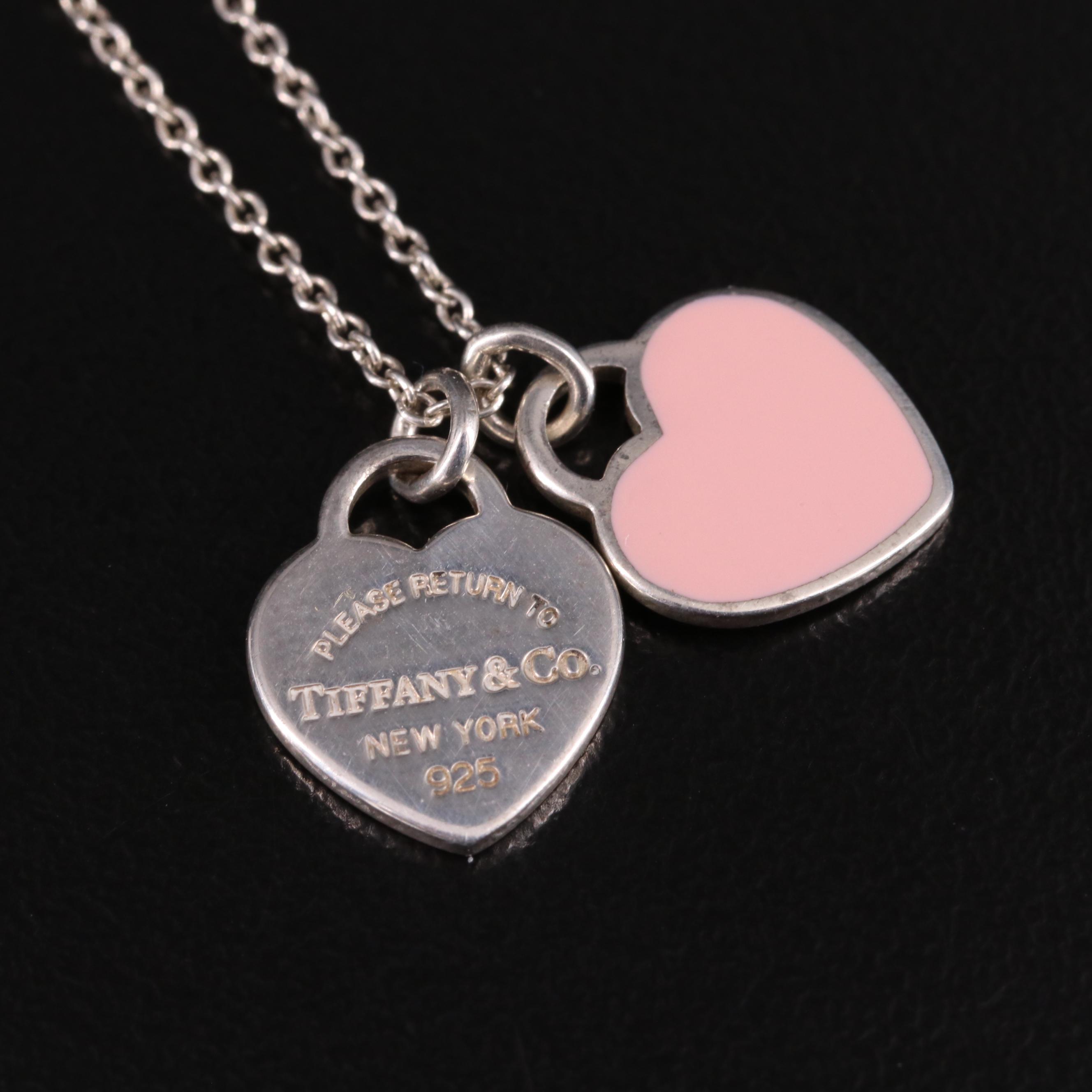 Tiffany & Co. "Return to Tiffany" Sterling Pink Enamel Double Heart Tag Necklace