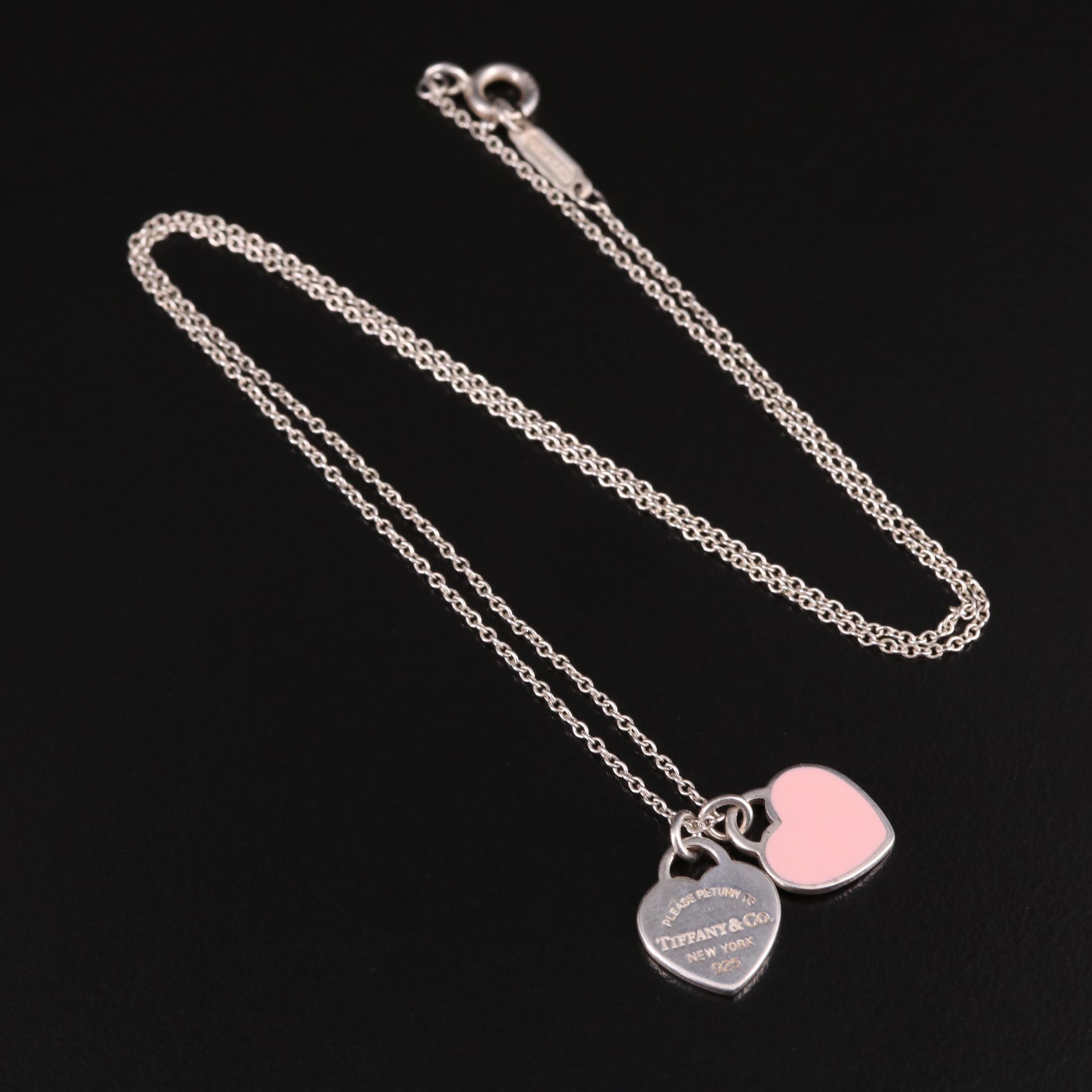 Tiffany & Co. "Return to Tiffany" Sterling Pink Enamel Double Heart Tag Necklace