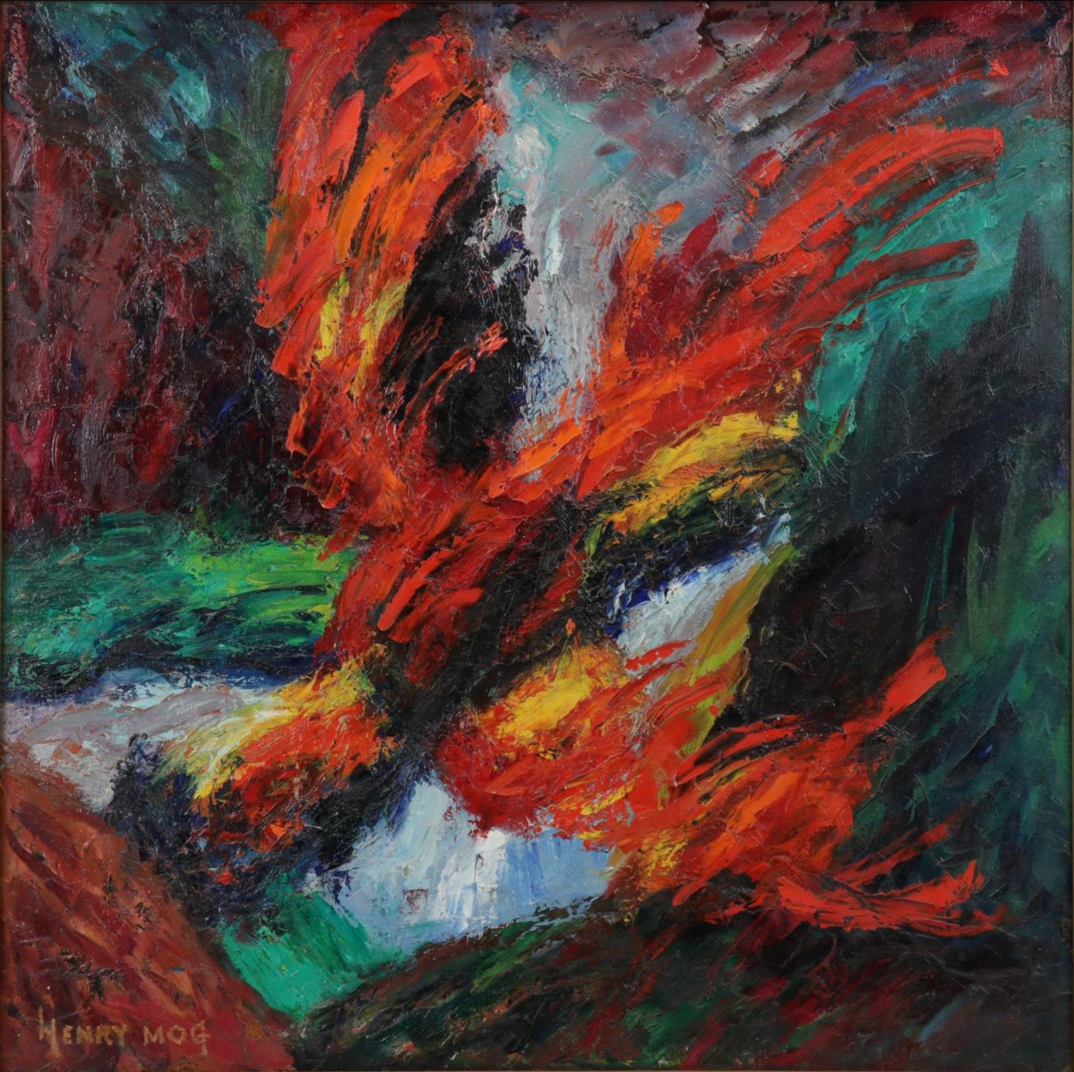 Henry Mog Folk Art Oil Painting of Orange Bird, Circa 1965