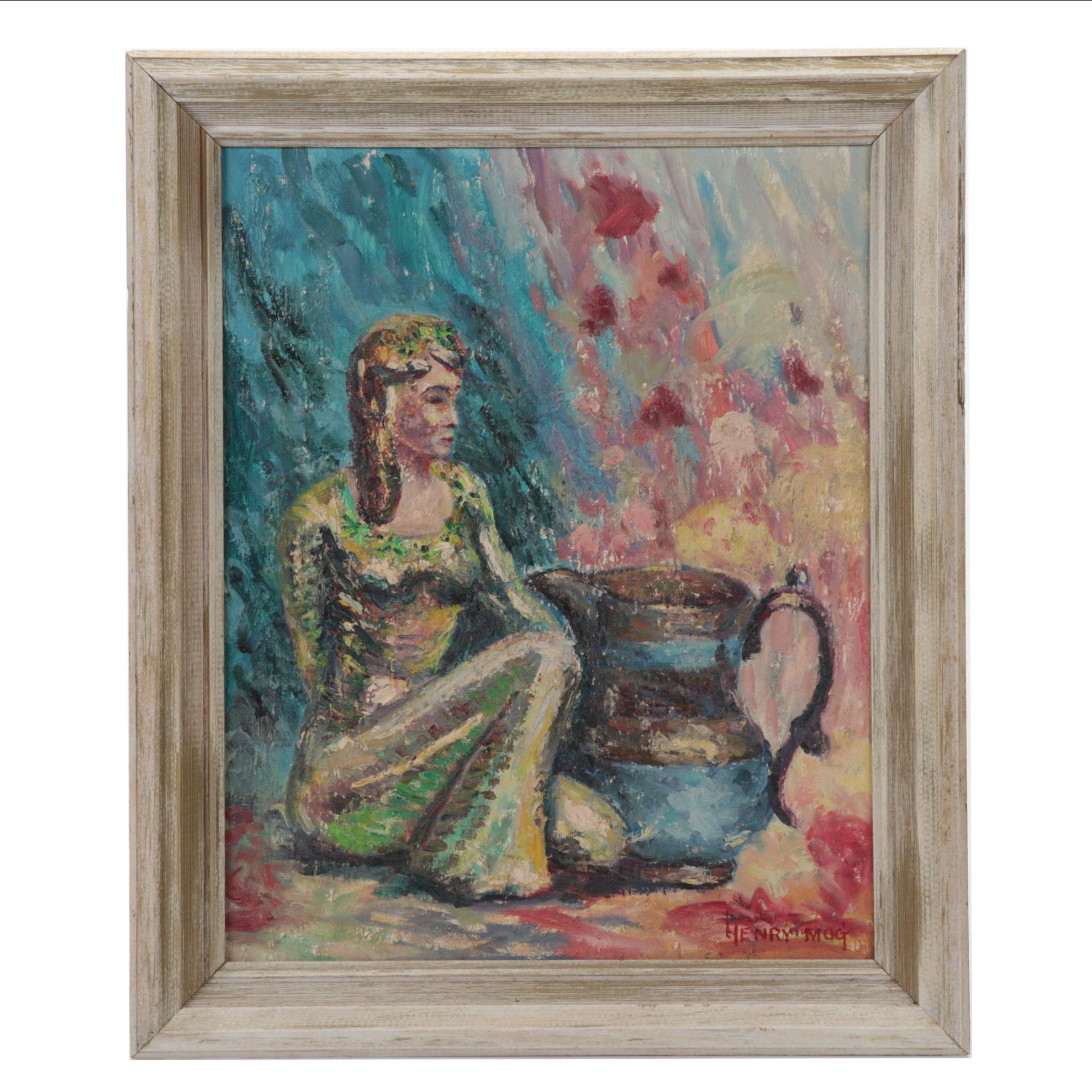 Henry Mog Still Life Oil Painting of Female Figurine and Pitcher, Circa 1965