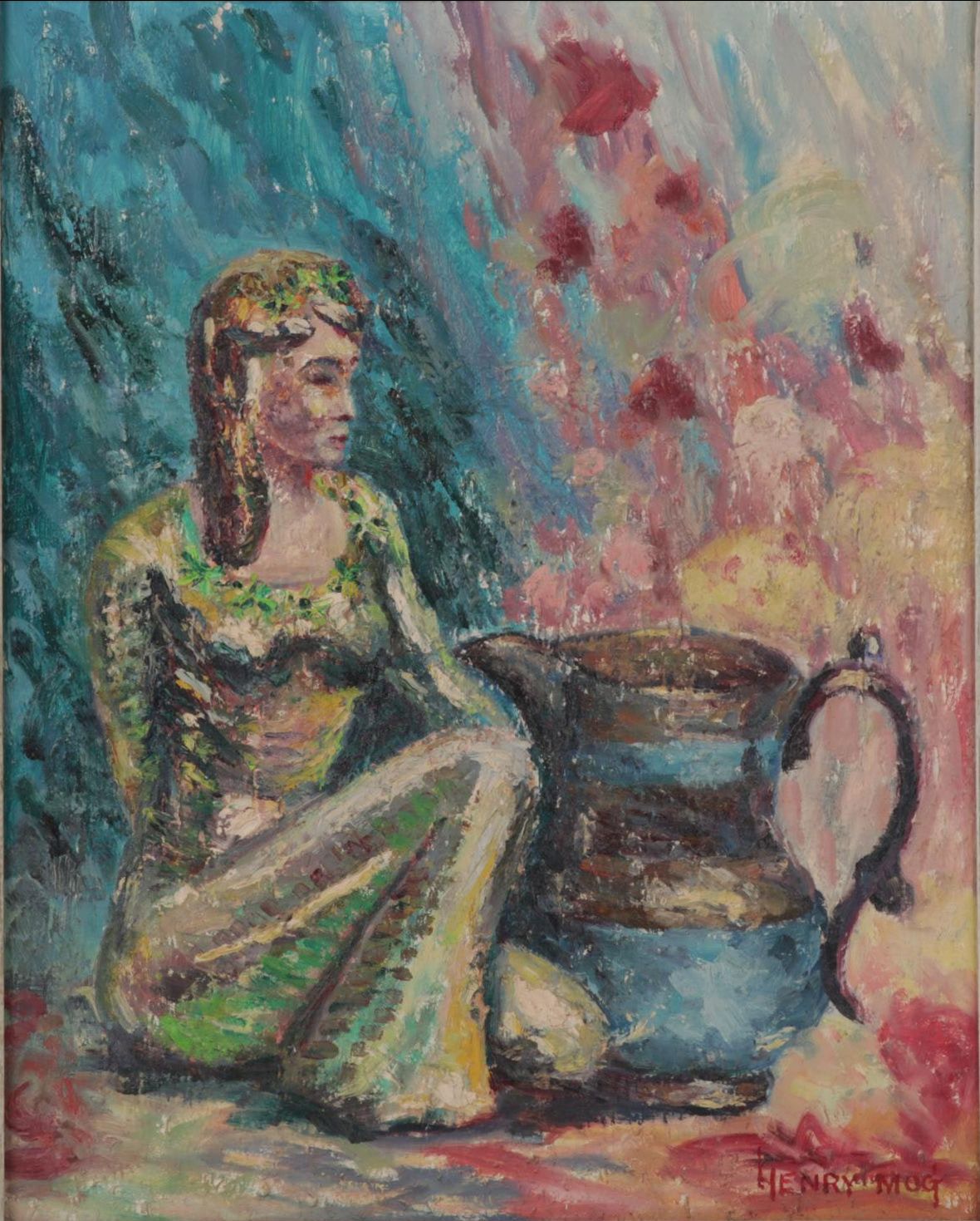 Henry Mog Still Life Oil Painting of Female Figurine and Pitcher, Circa 1965
