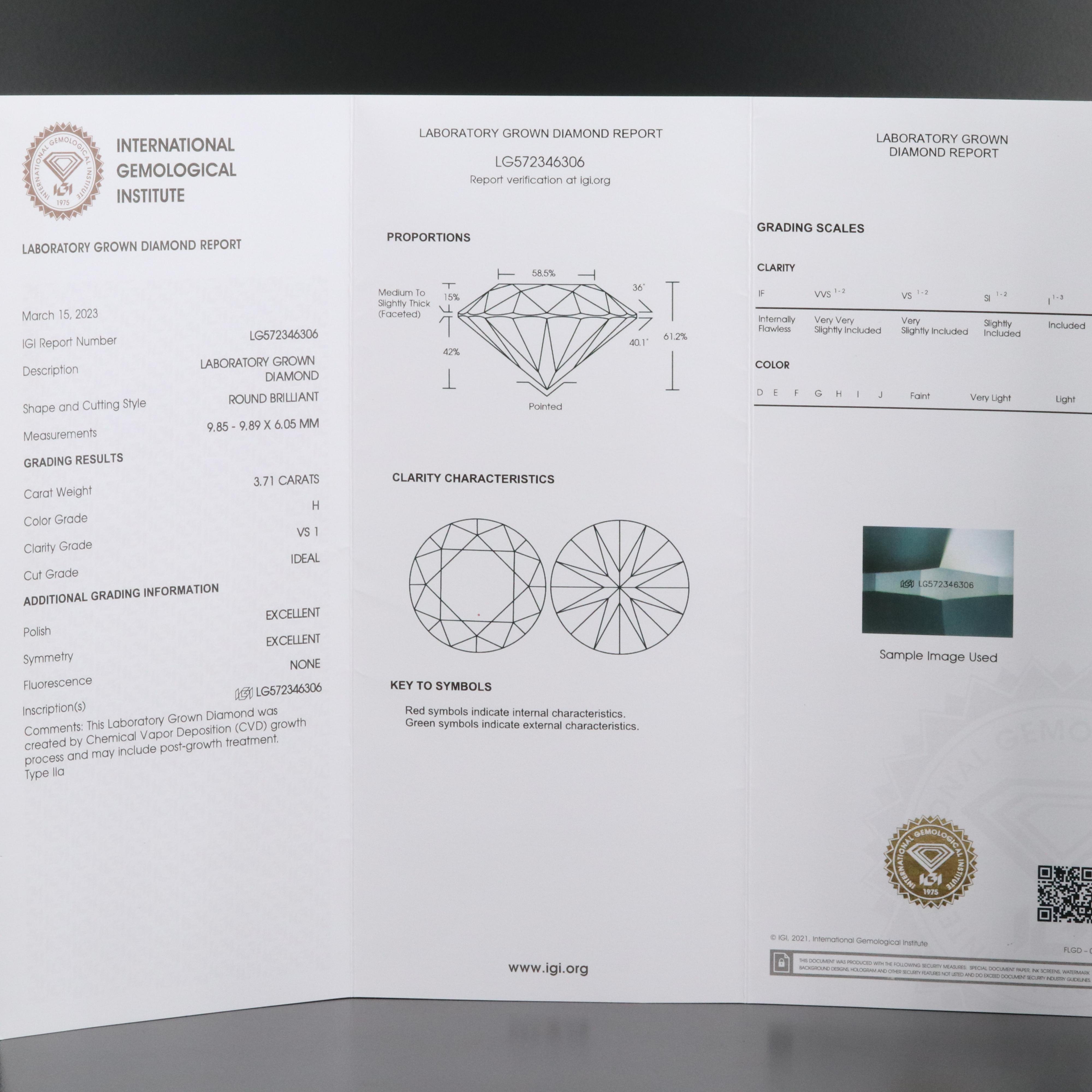 Loose 3.71 CT Lab Grown Diamond with IGI Report