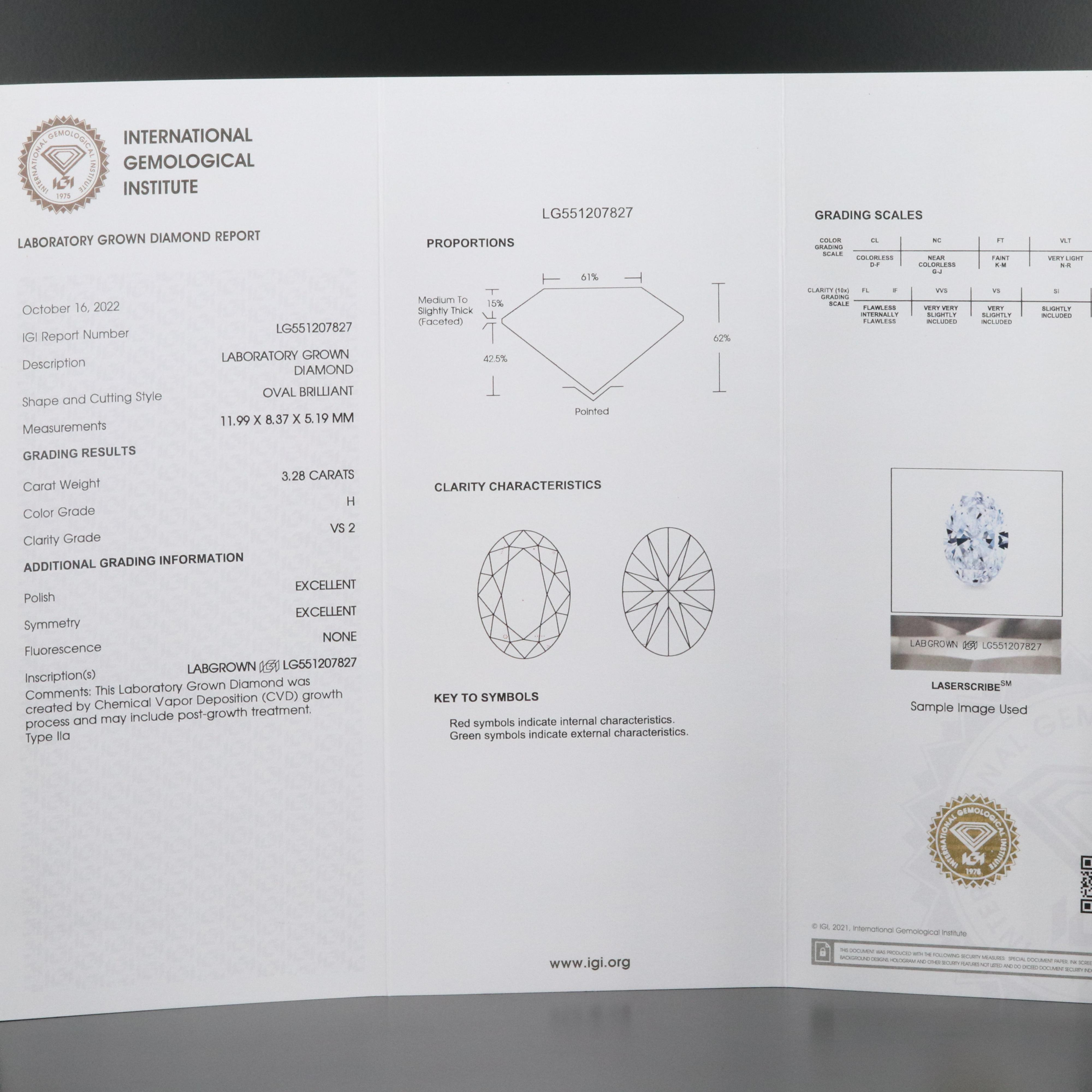 Loose 3.28 CT Lab Grown Diamond with IGI Report