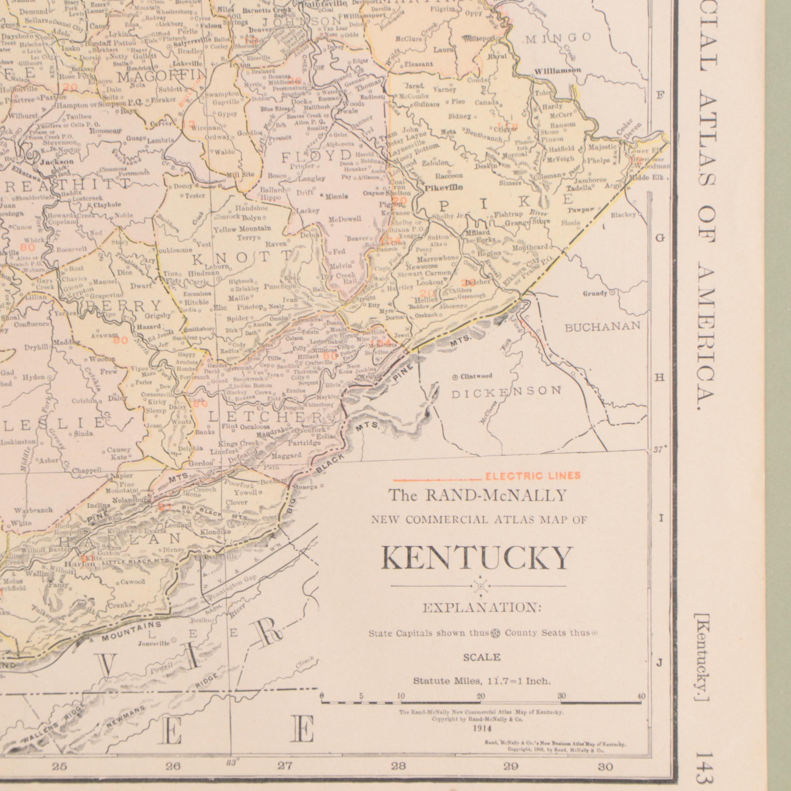 Rand, McNally & Co. "New Commercial Atlas Map of Kentucky," Circa 1914