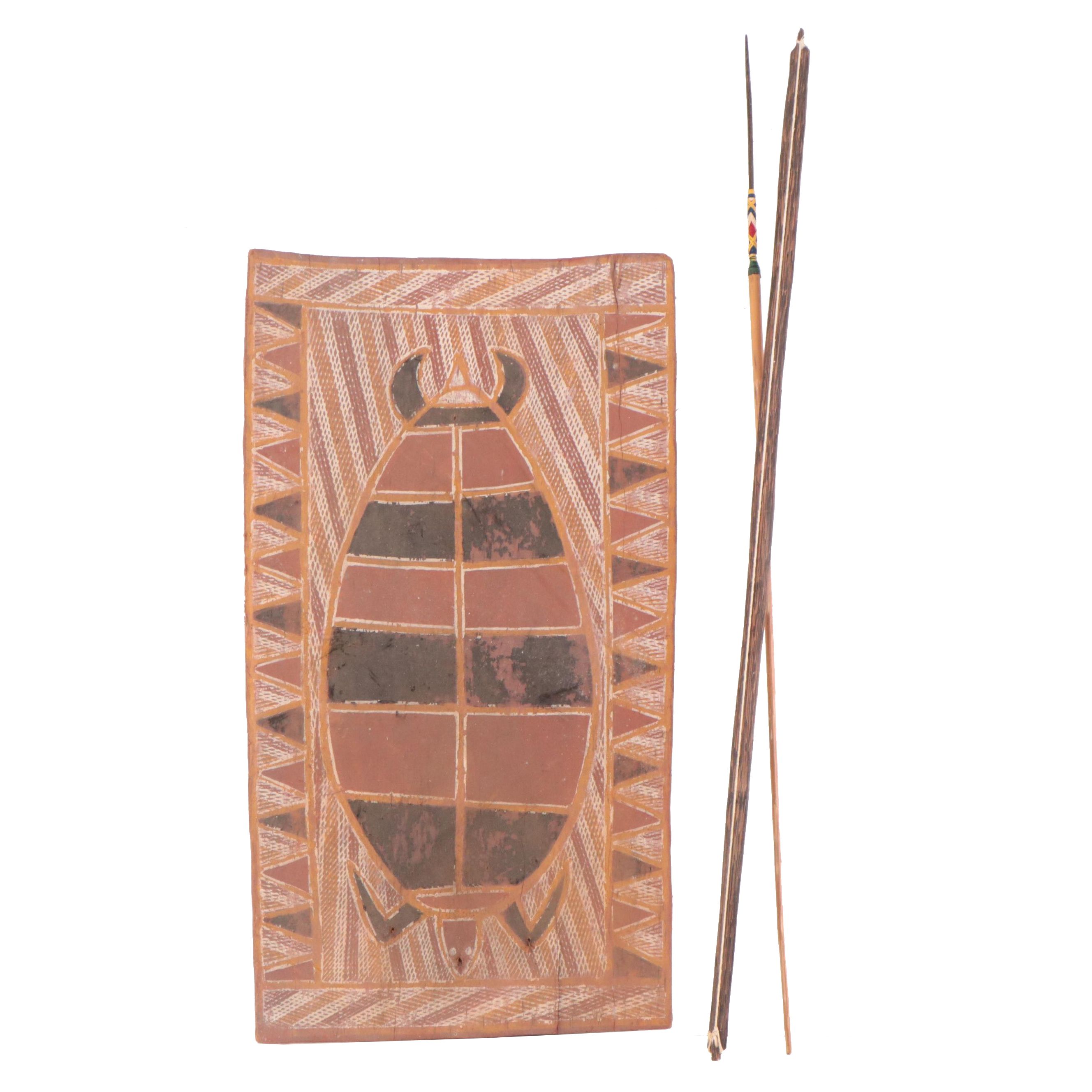 Australian Arnhem Land Bark Painting, 1967, with Spear and Bow