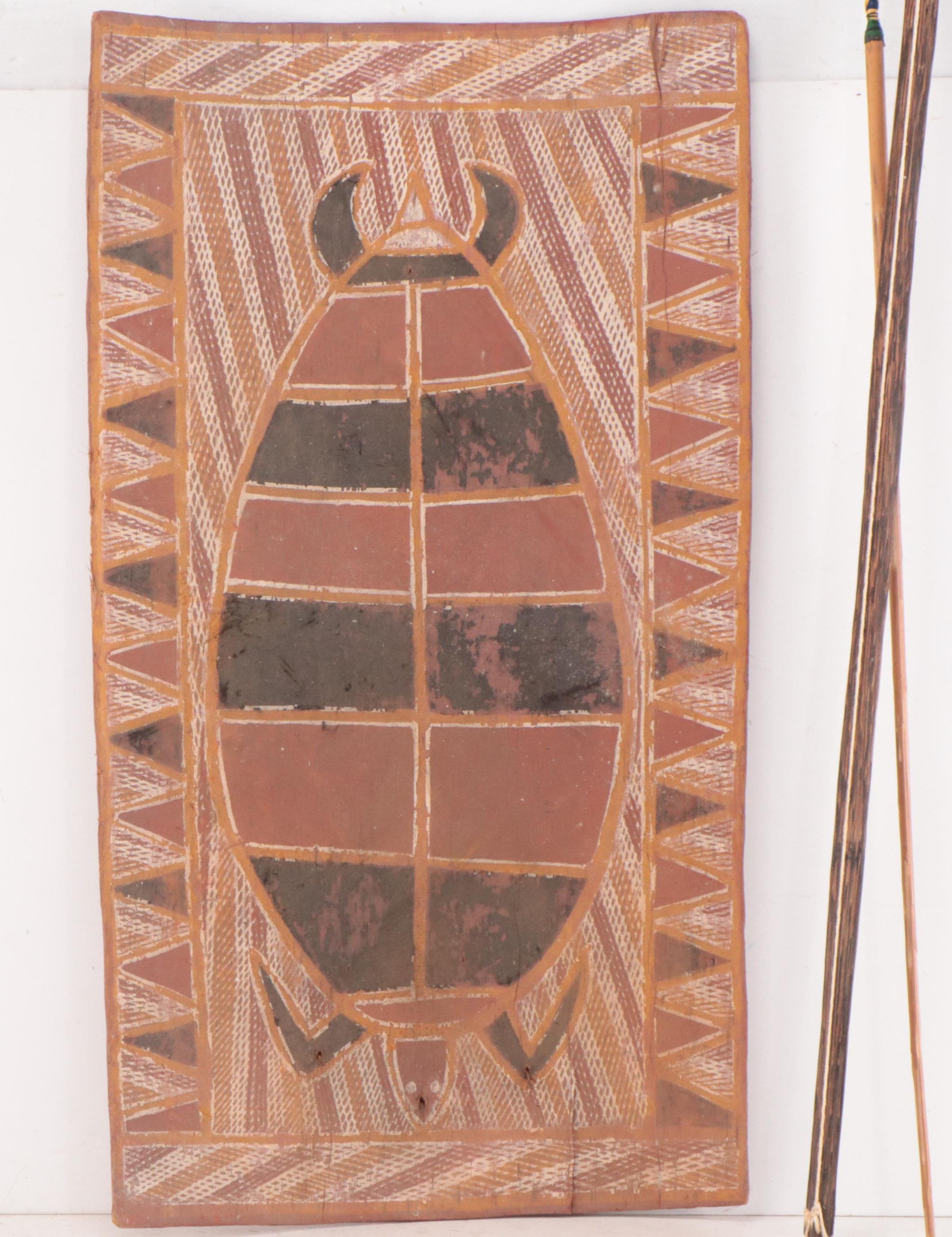 Australian Arnhem Land Bark Painting, 1967, with Spear and Bow