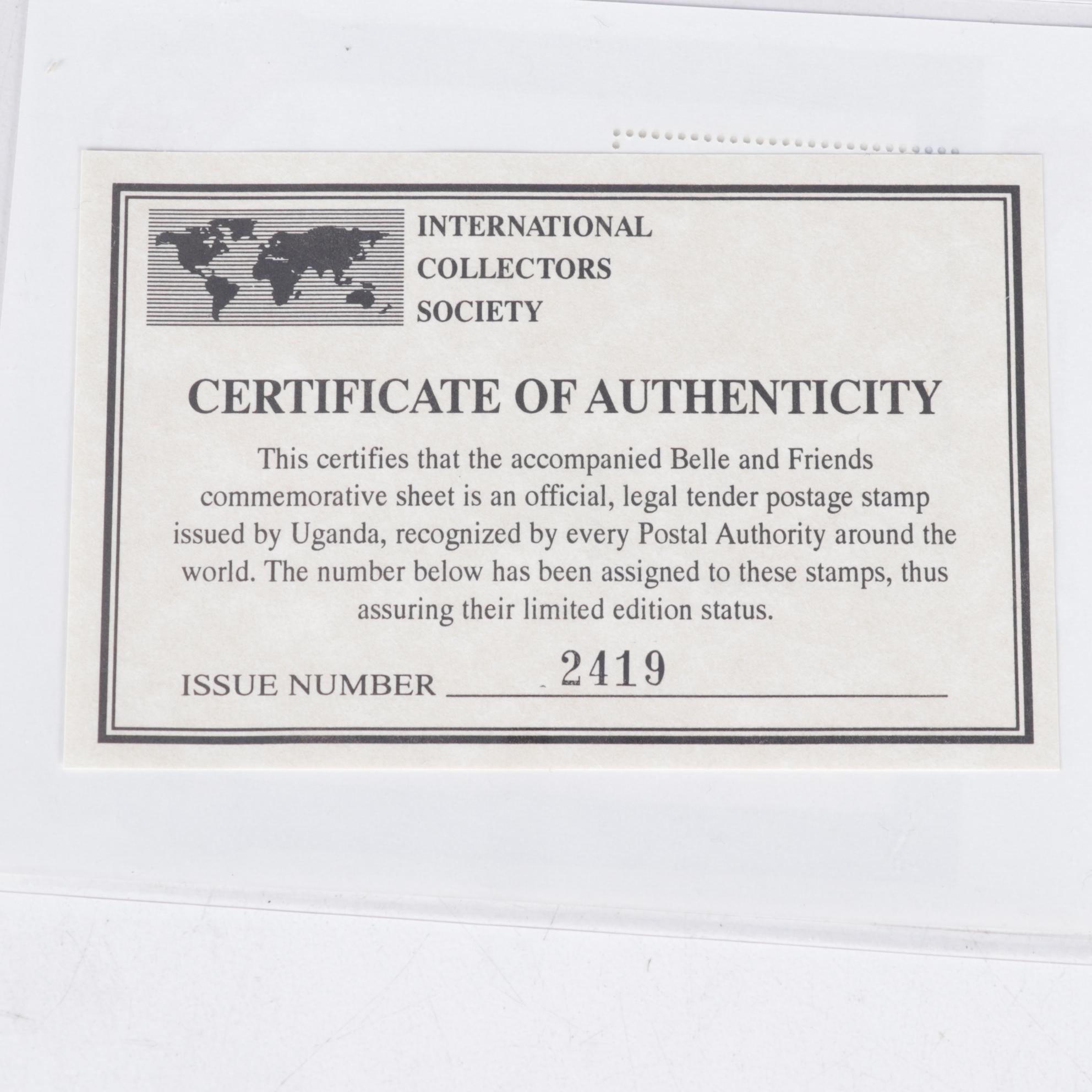 International Collectors Society Commemorative Beauty and the Beast Stamps