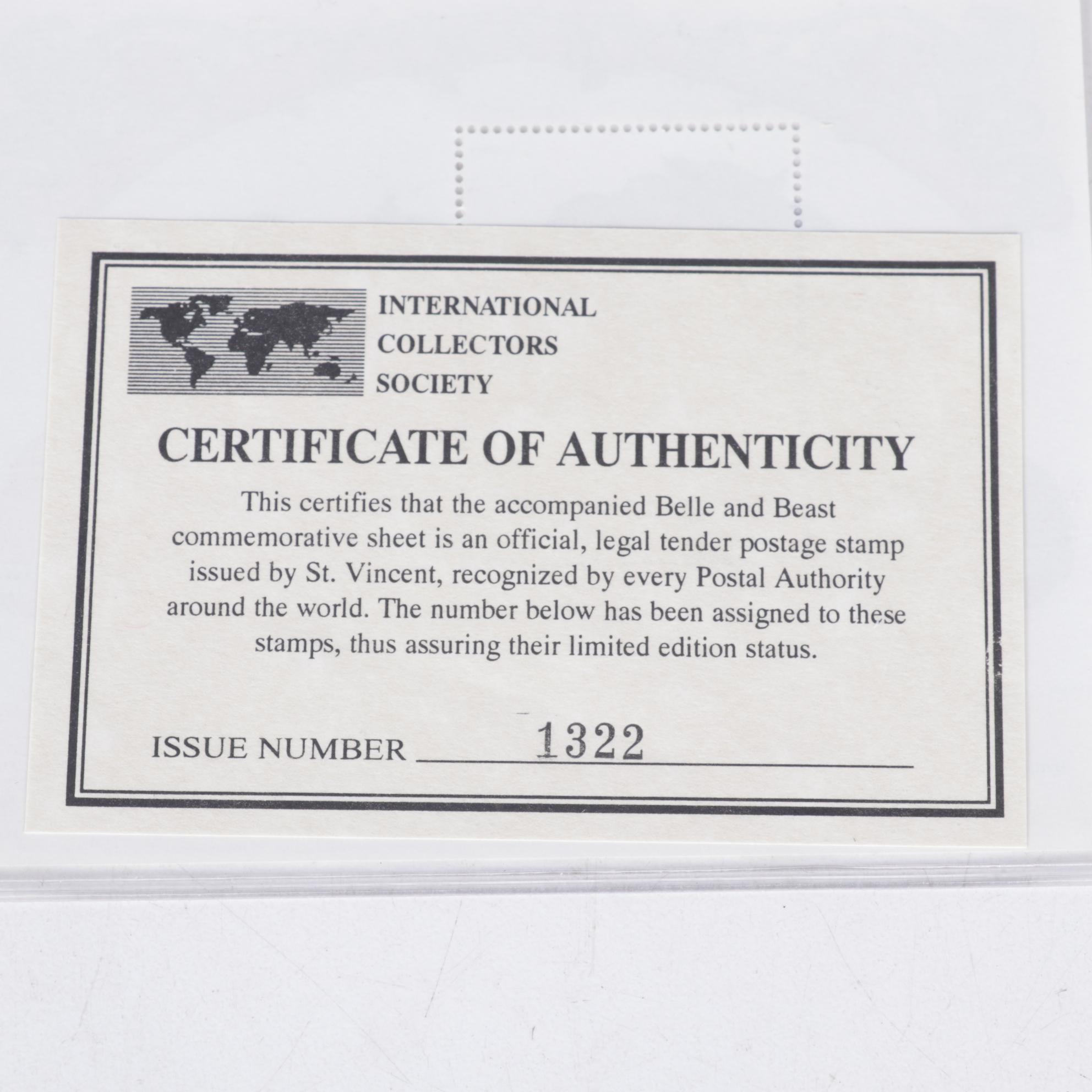 International Collectors Society Commemorative Beauty and the Beast Stamps