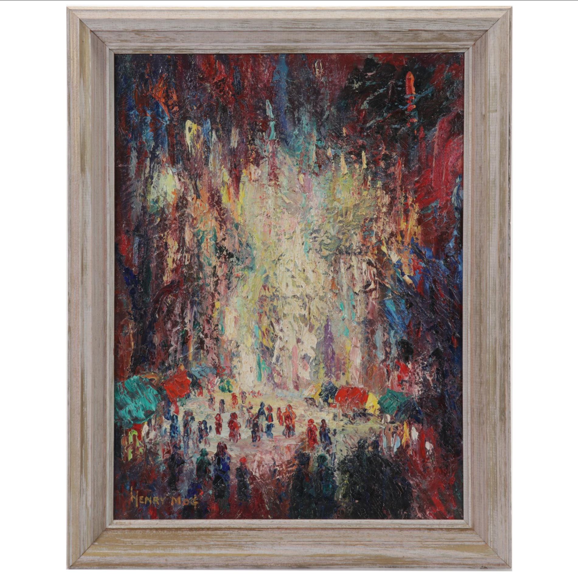 Henry Mog Folk Art Impasto Oil Painting of Market Scene, Circa 1965