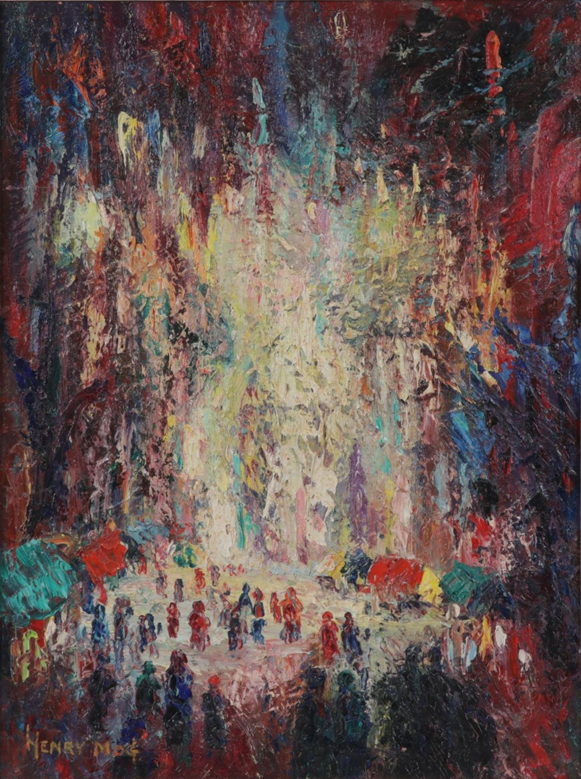 Henry Mog Folk Art Impasto Oil Painting of Market Scene, Circa 1965