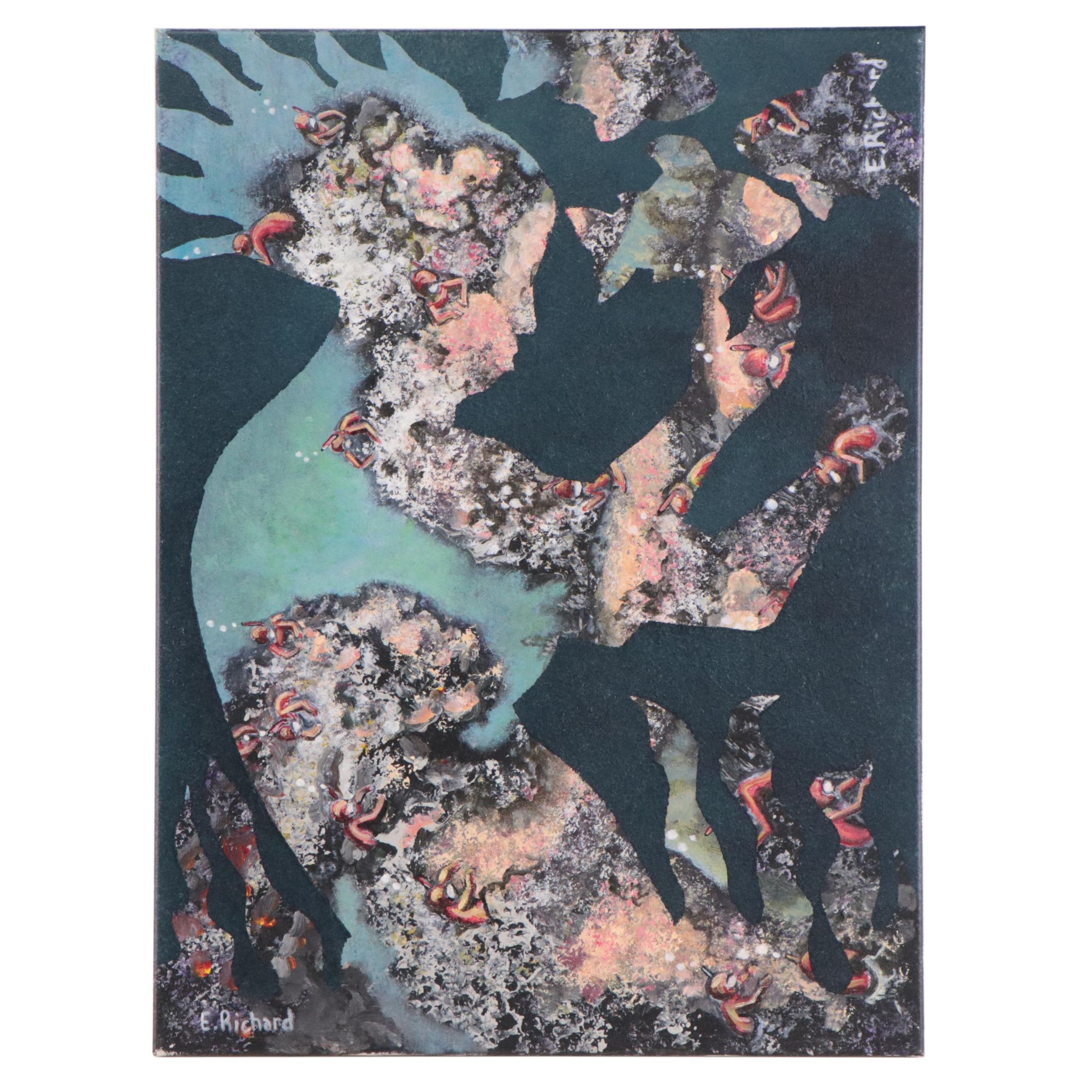 Richard Marquart Surrealist Oil Painting of Silhouettes, Late 20th Century