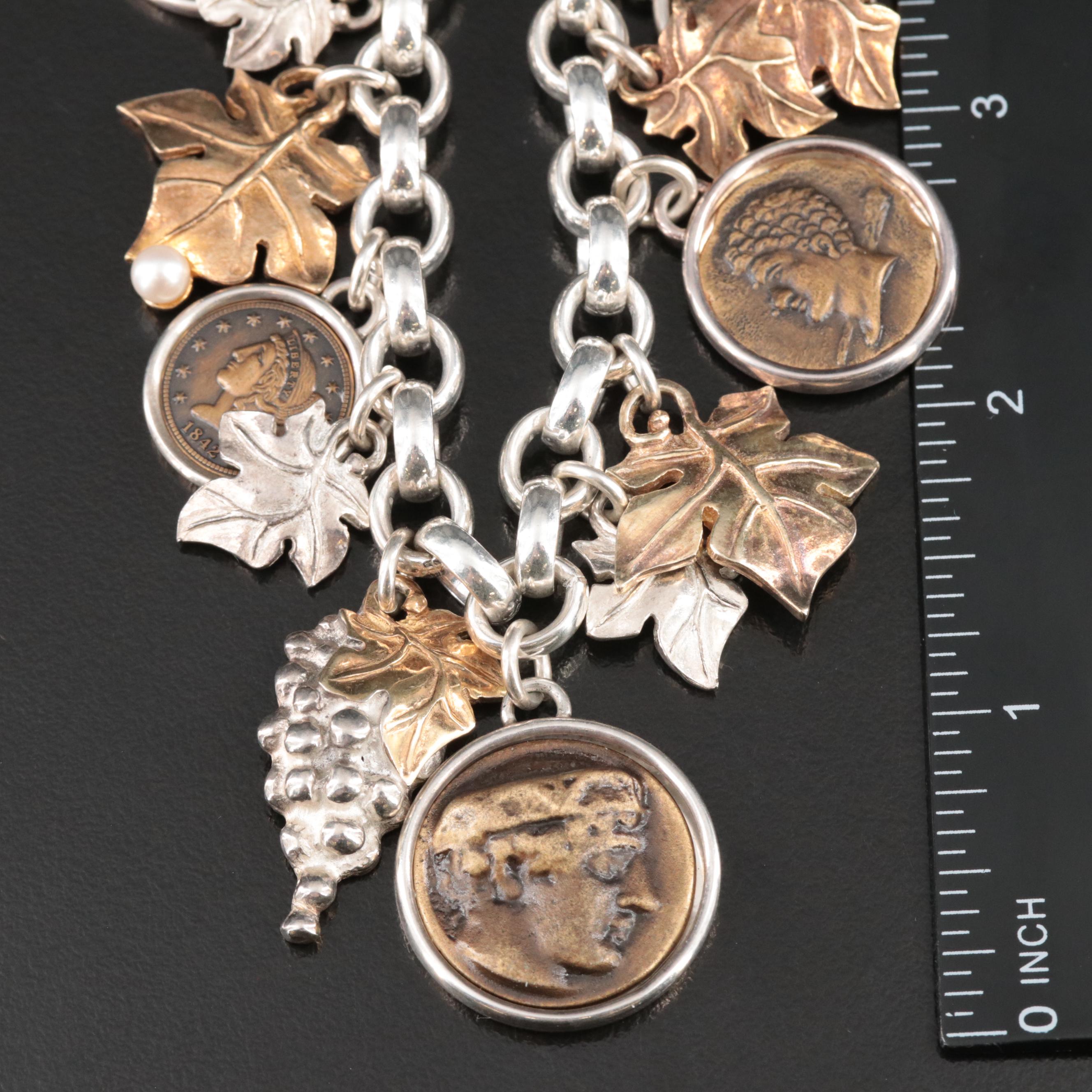 Sterling Pearl, Grape Cluster, Coin Necklace and Coin Earrings