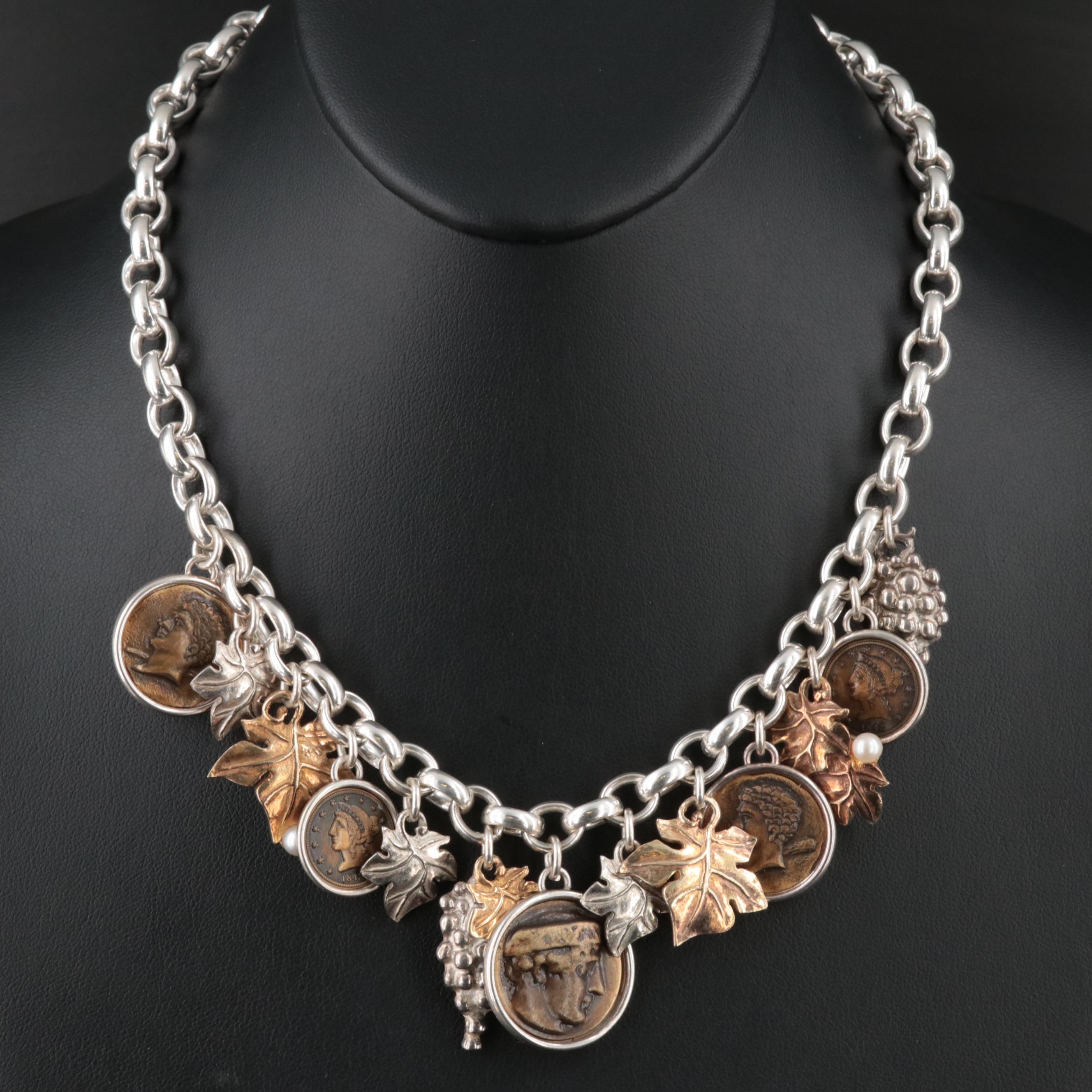 Sterling Pearl, Grape Cluster, Coin Necklace and Coin Earrings