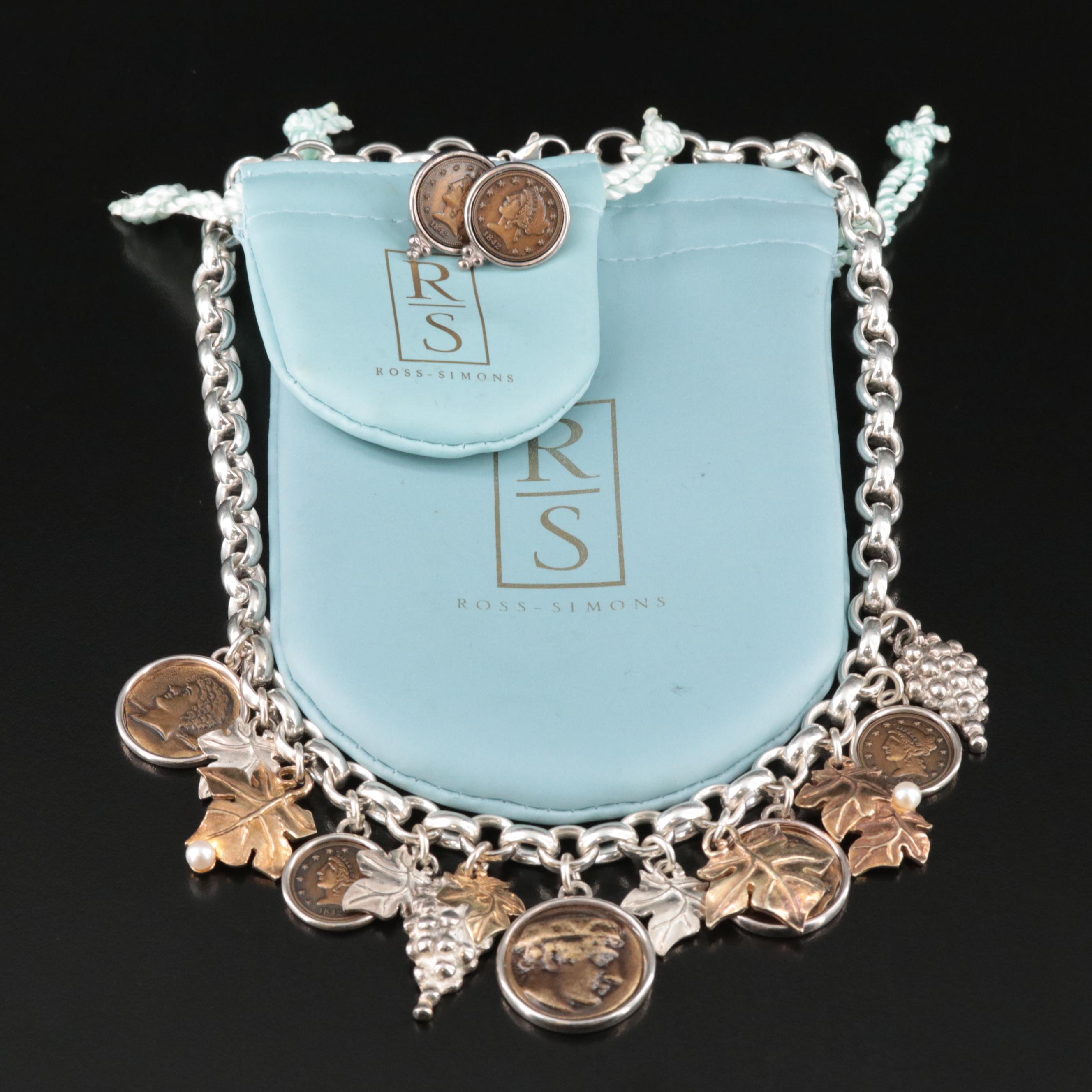 Sterling Pearl, Grape Cluster, Coin Necklace and Coin Earrings