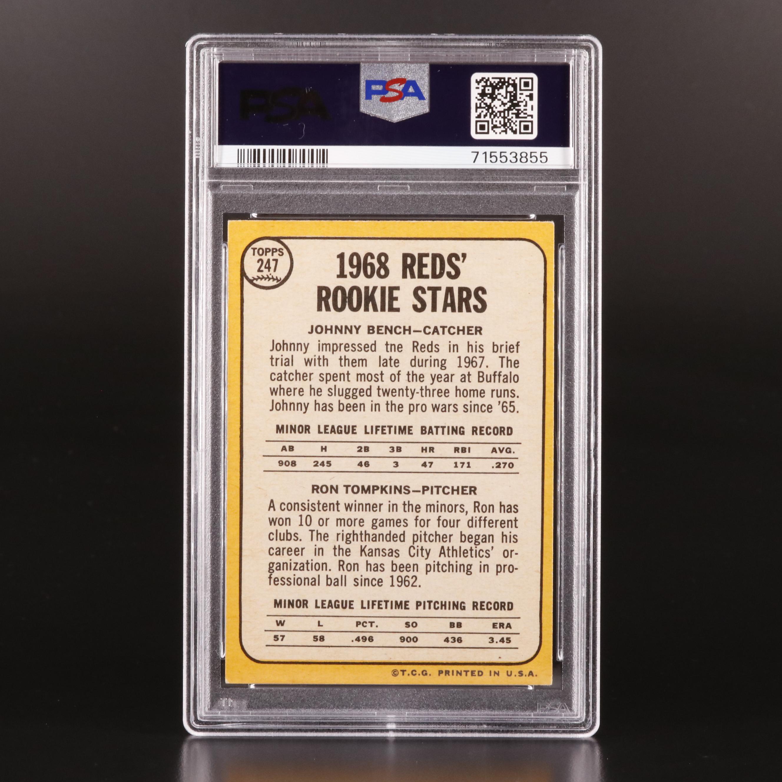 1968 Topps Johnny Bench/Tompkins Rookie Baseball Card #247 Graded PSA 4 VG-EX