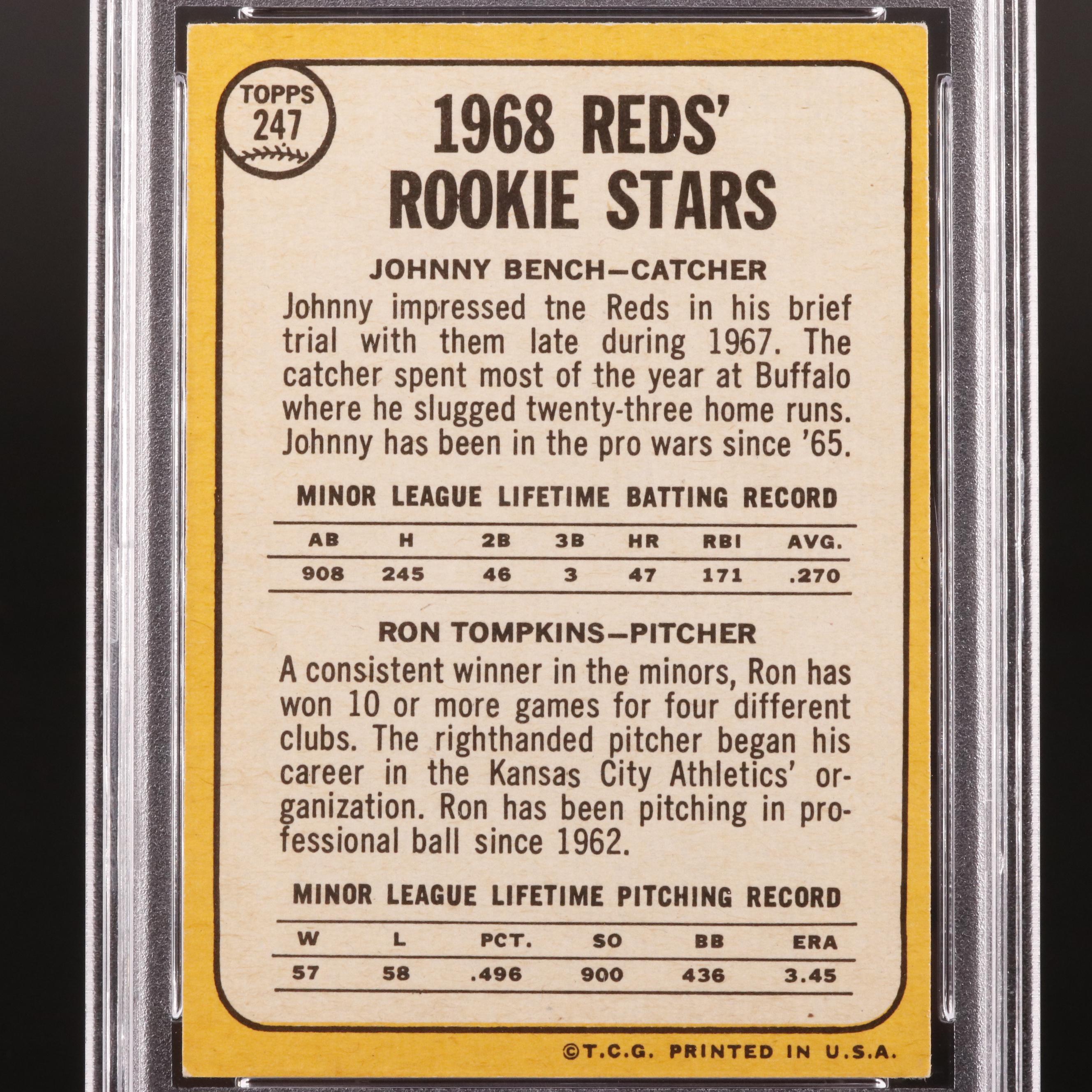 1968 Topps Johnny Bench/Tompkins Rookie Baseball Card #247 Graded PSA 4 VG-EX
