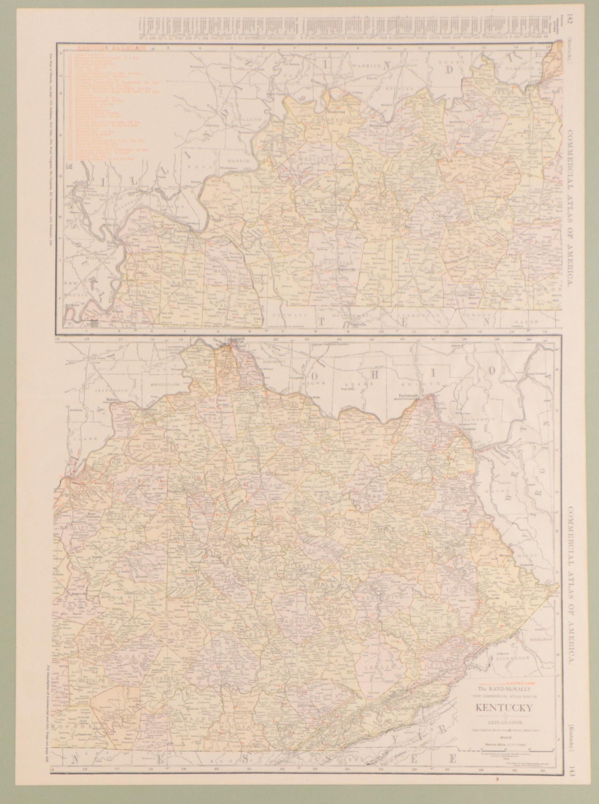 Rand, McNally & Co. "New Commercial Atlas Map of Kentucky," Circa 1914