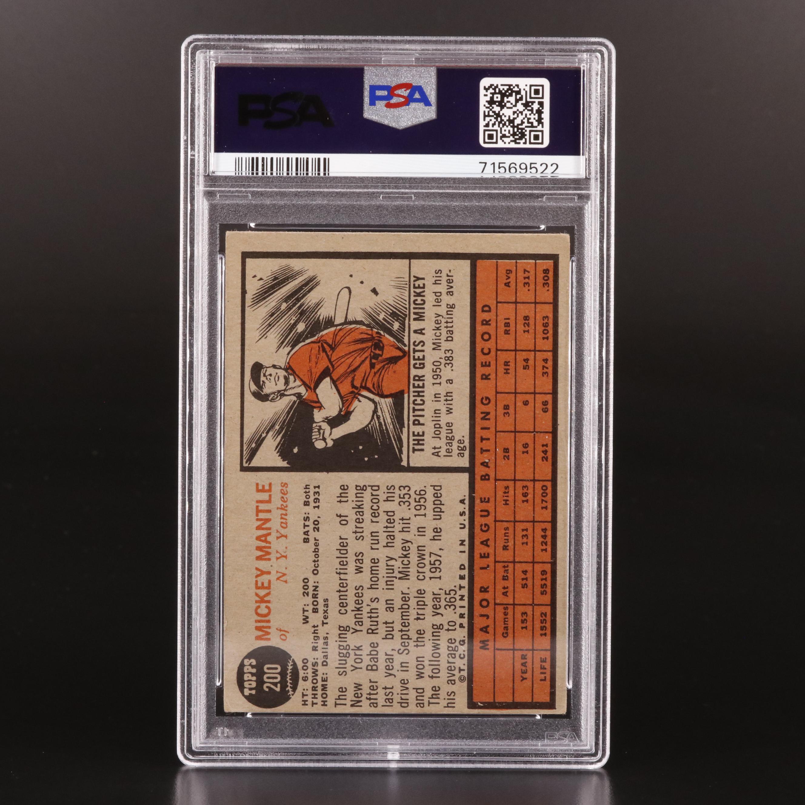 1962 Topps Mickey Mantle N.Y. Yankees #200 Graded PSA VG 3 Baseball Card