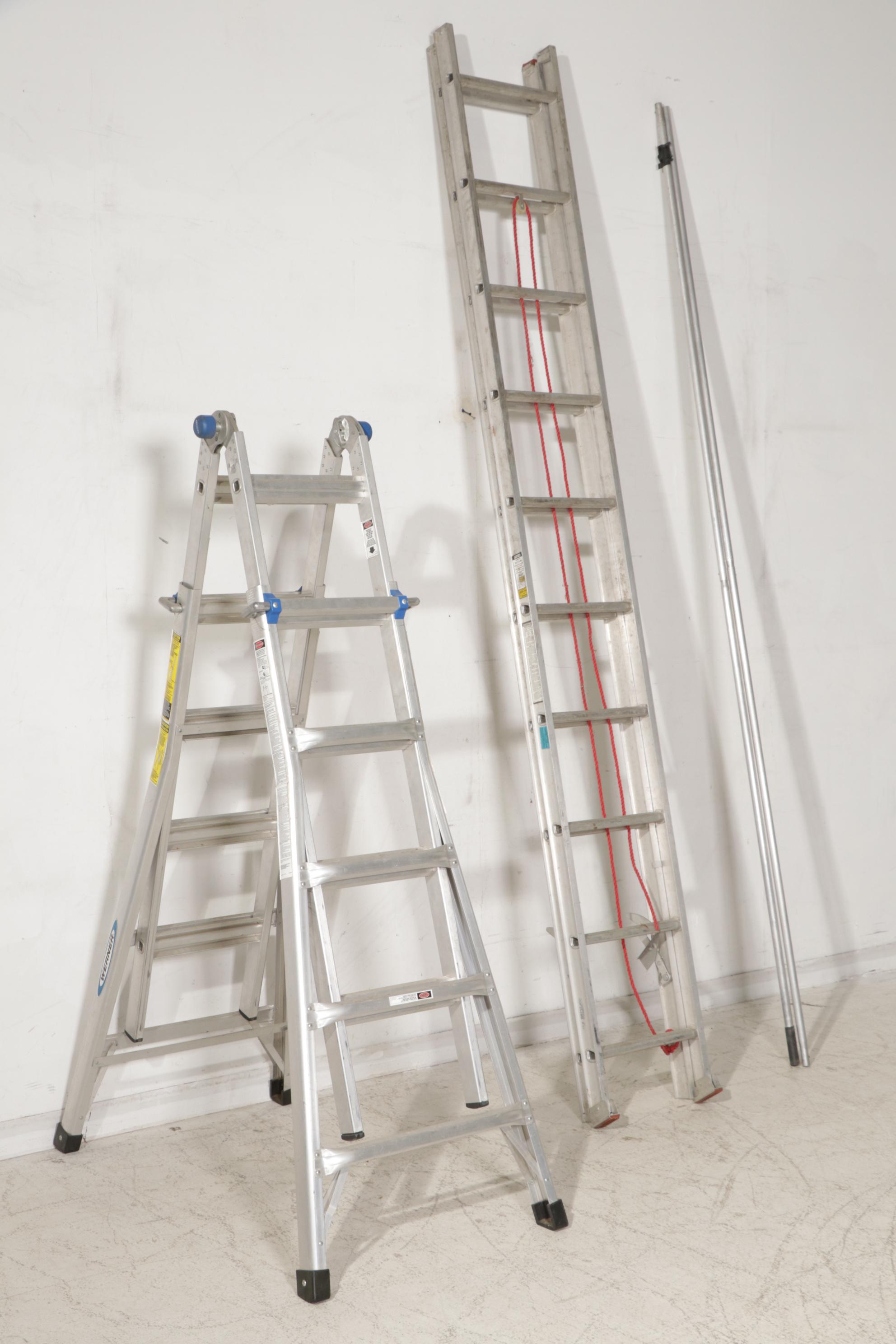 Werner 21' Aluminum Step Ladder, White Metal Extension Ladder, and Utility Pole