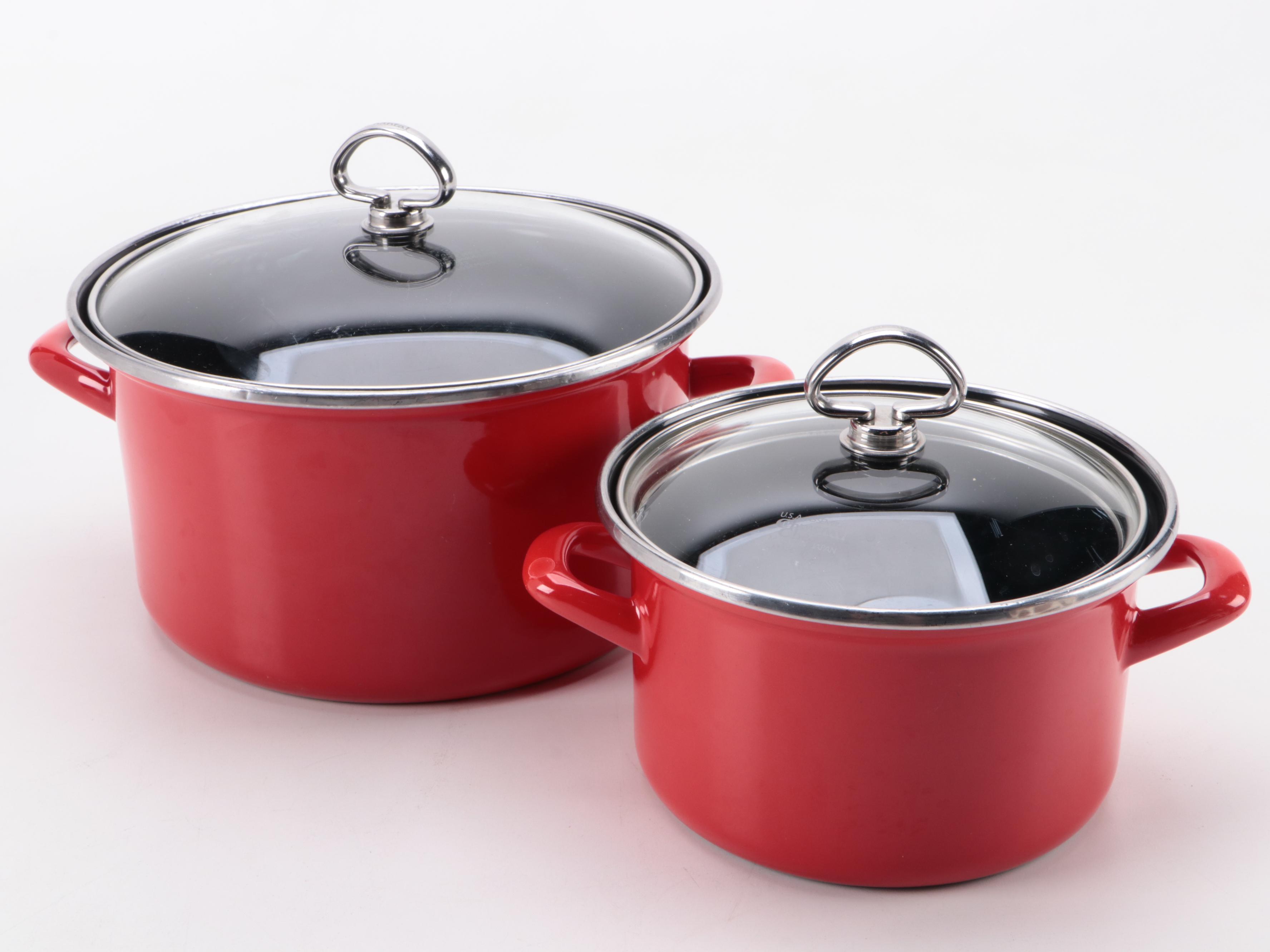 Chantal Enamel Pots with Chased Brass Pepper Mills and Other Cookware