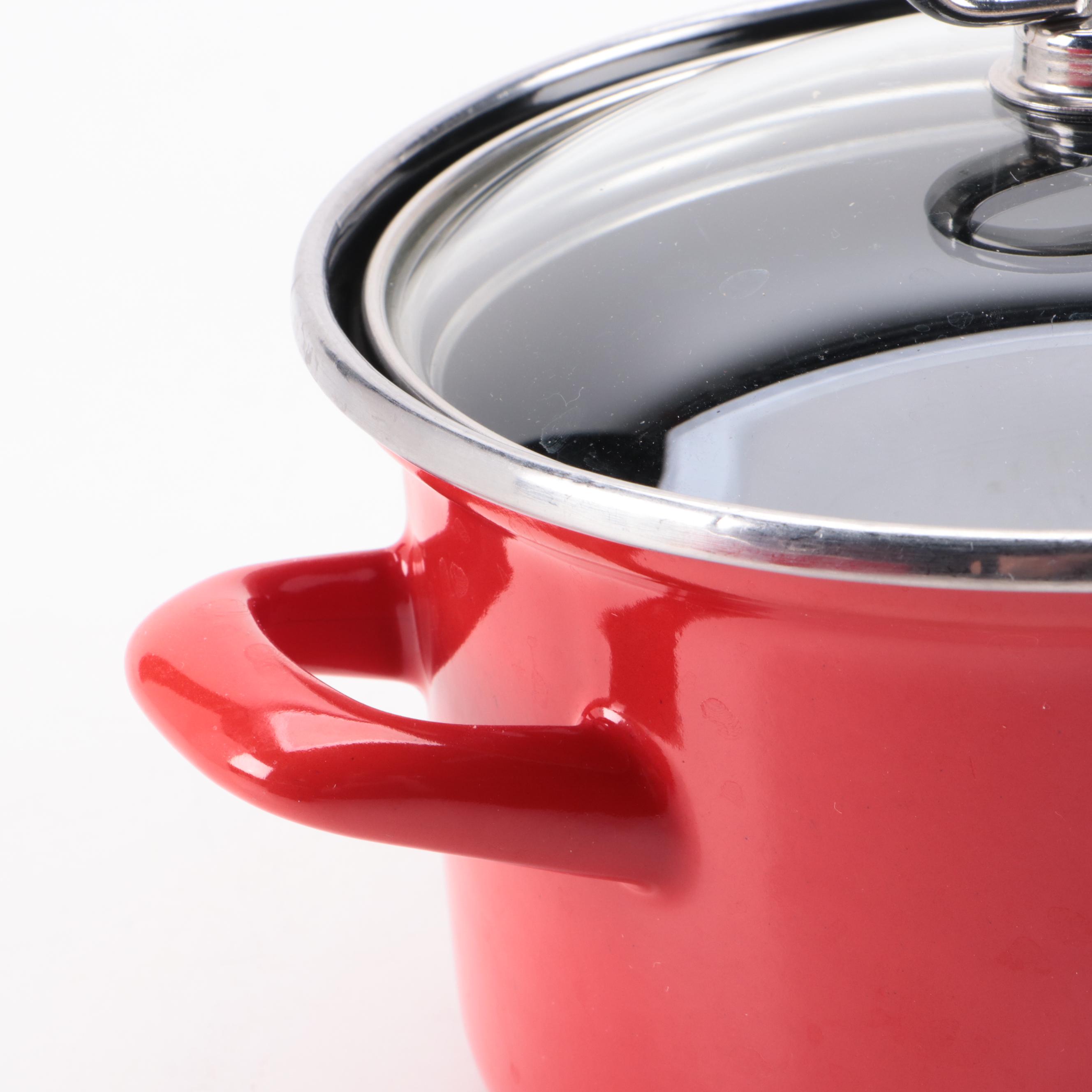 Chantal Enamel Pots with Chased Brass Pepper Mills and Other Cookware