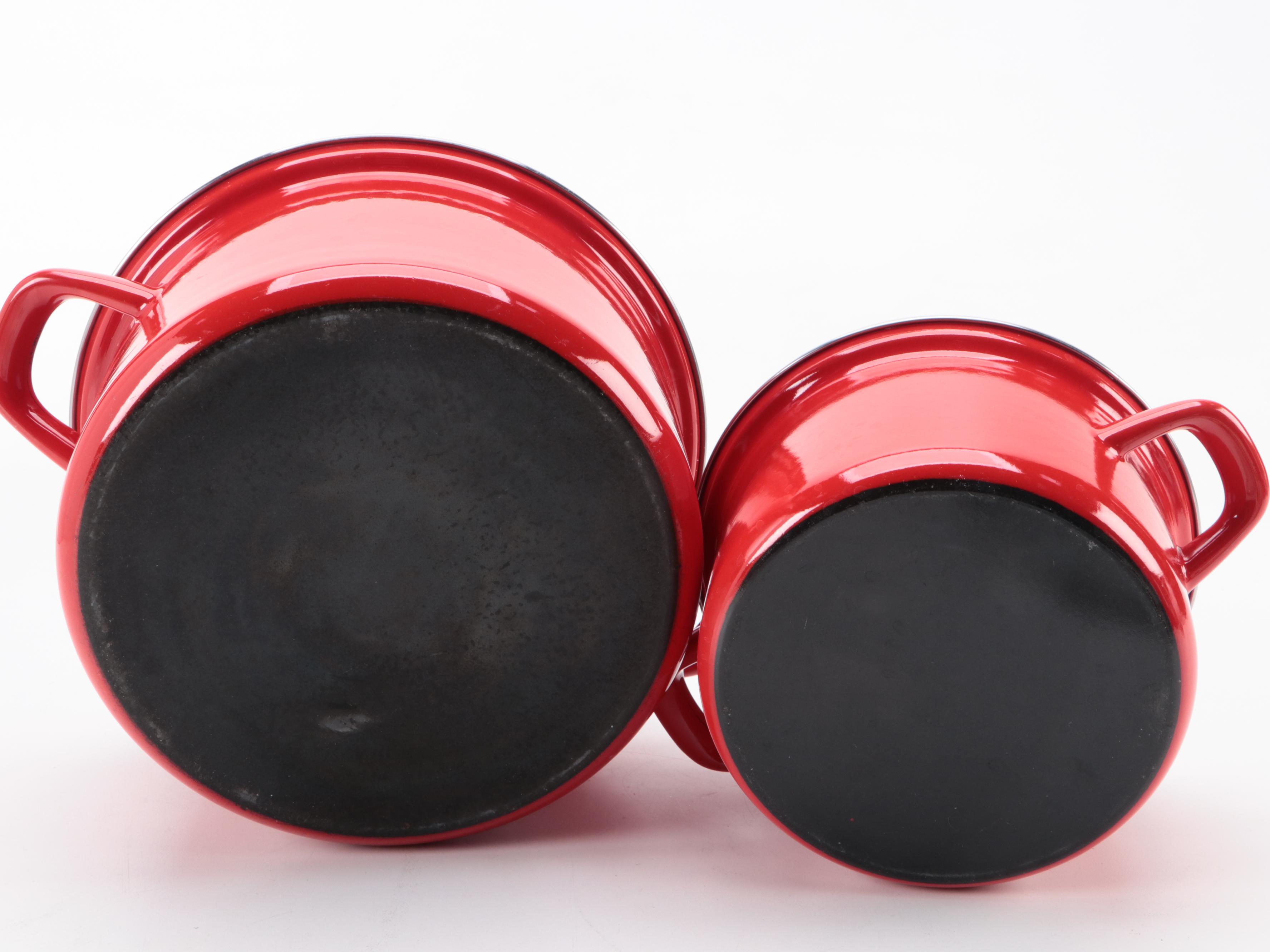 Chantal Enamel Pots with Chased Brass Pepper Mills and Other Cookware