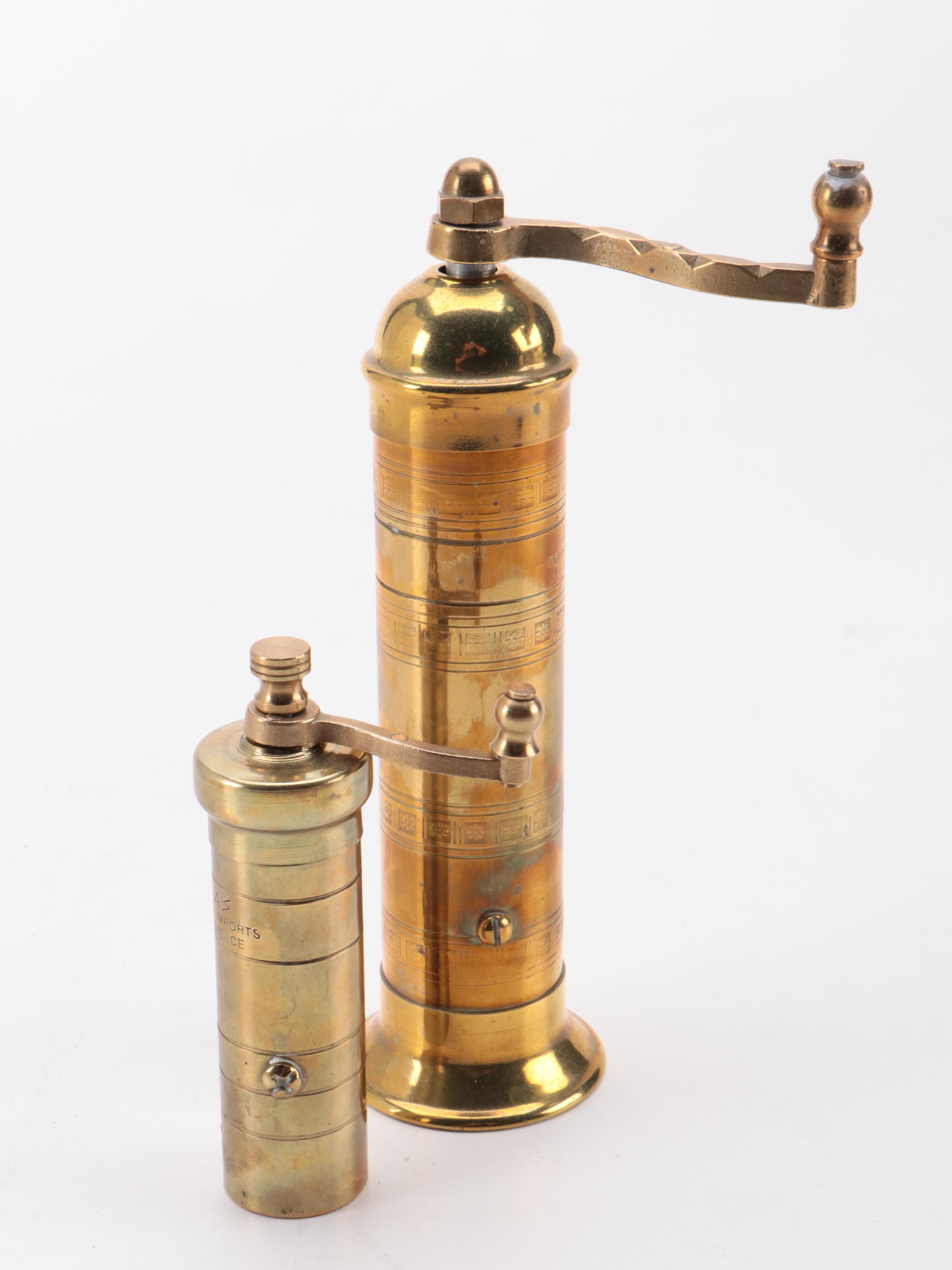 Chantal Enamel Pots with Chased Brass Pepper Mills and Other Cookware